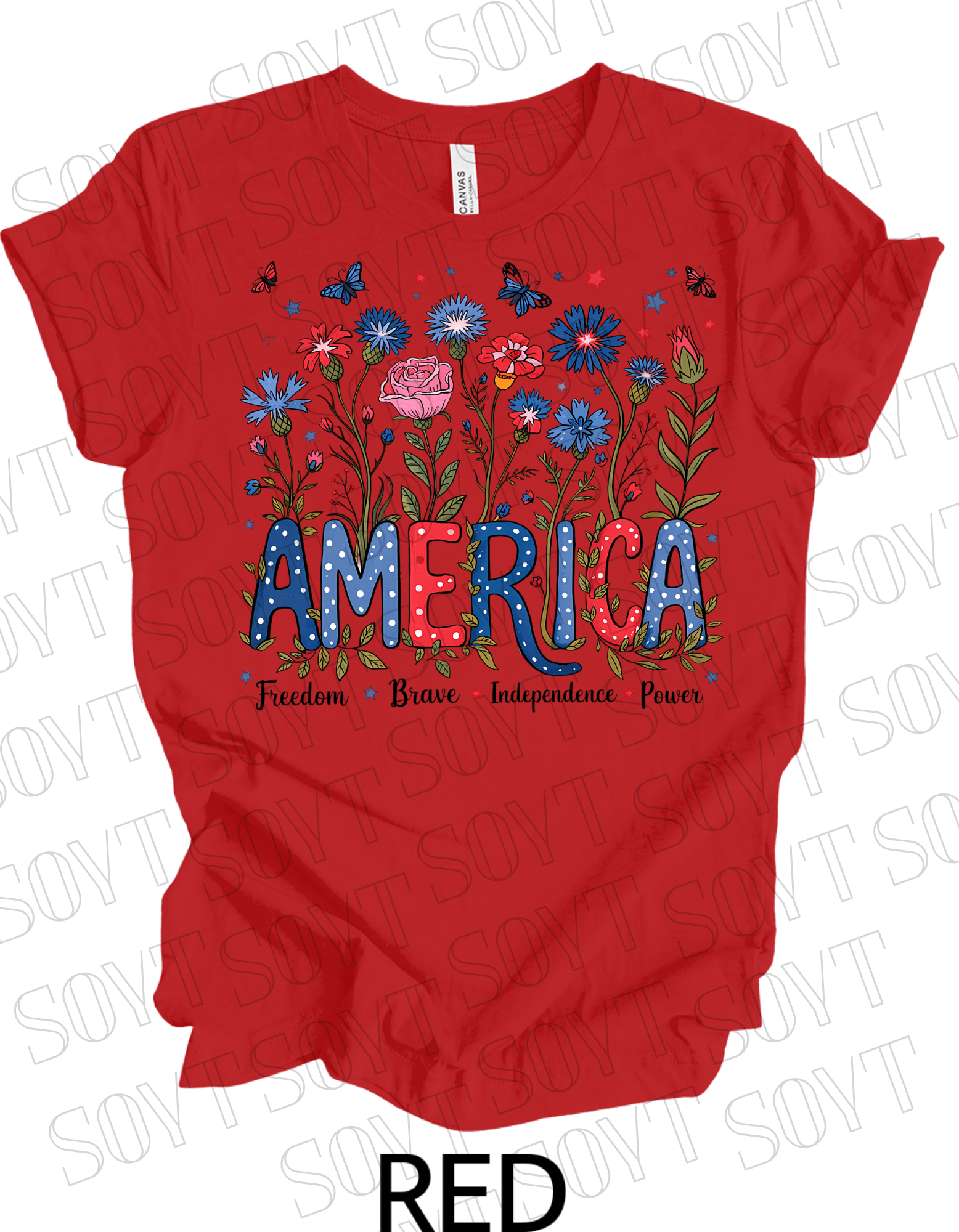 America Floral Patriotic T-Shirt – Bella+Canvas 4th of July Women’s Tee - Festive Apparel StoreRed
