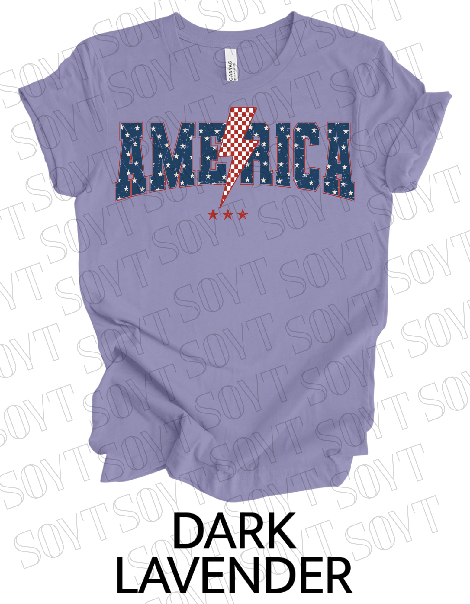 America Lightning Bolt T-Shirt – Patriotic Star Print Graphic Tee | Made in USA - Festive Apparel StoreDark Lavender
