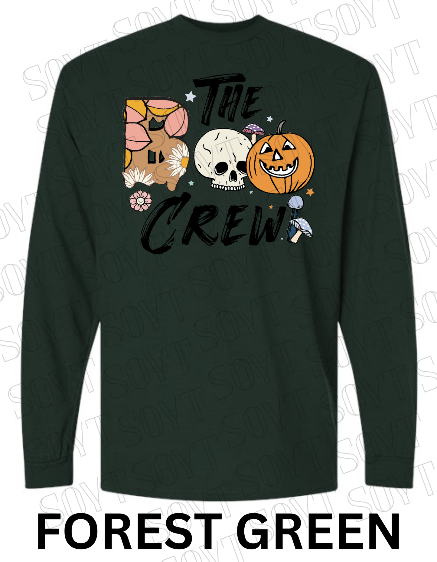 Boo The Crew Halloween Long Sleeve – Skull, Pumpkin, Retro Floral & Mushroom Shirt - Festive Apparel StoreForest Green