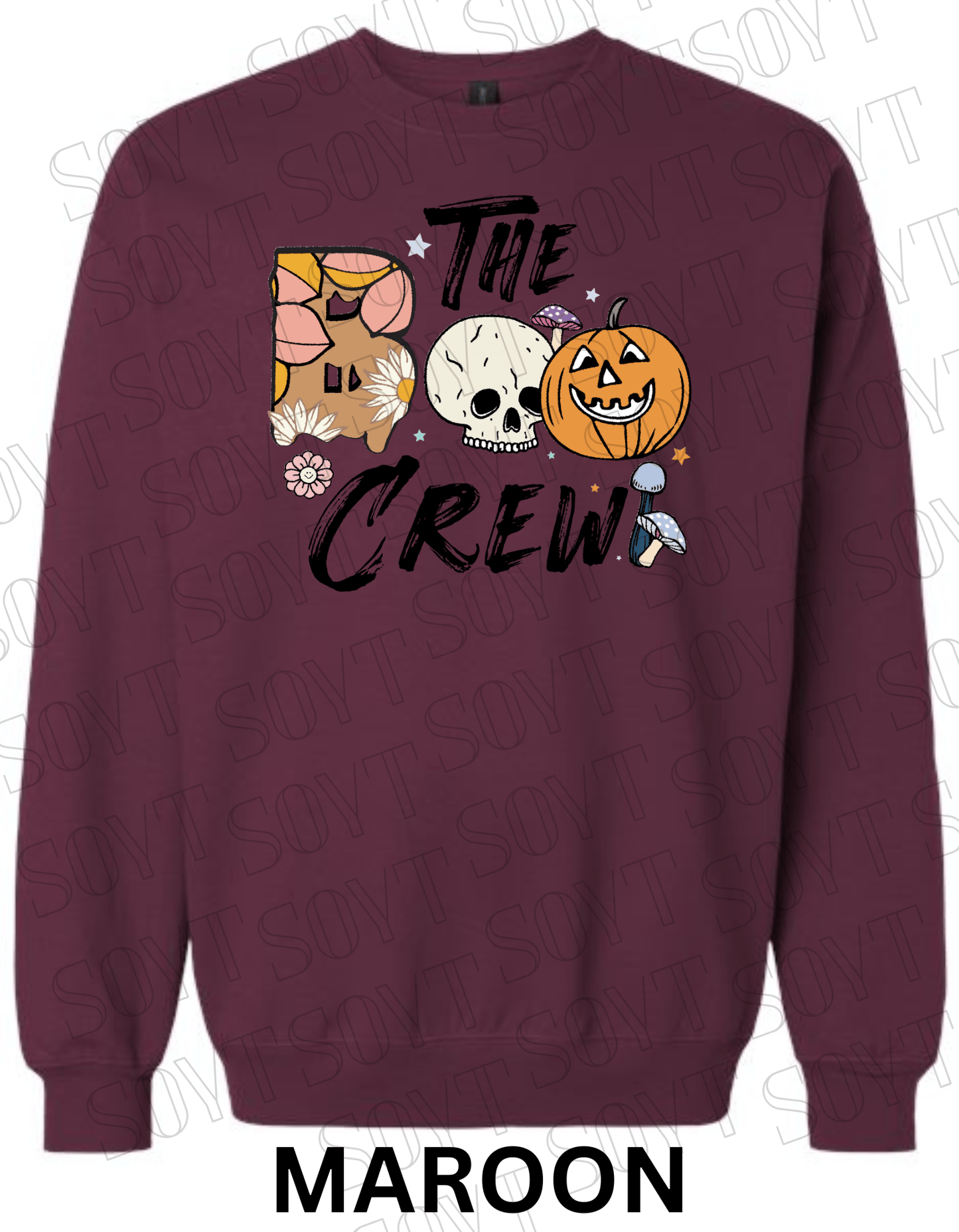 Boo The Crew Halloween Sweatshirt – Skull, Pumpkin, Retro Florals & Mushroom Fleece Pullover - Festive Apparel StoreMaroon