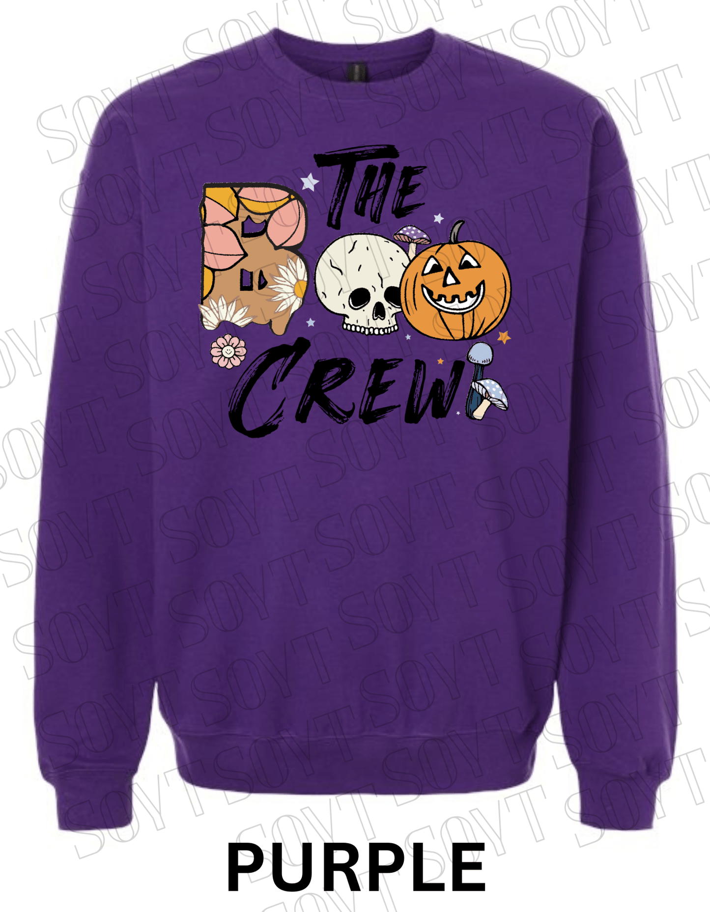Boo The Crew Halloween Sweatshirt – Skull, Pumpkin, Retro Florals & Mushroom Fleece Pullover - Festive Apparel StorePurple