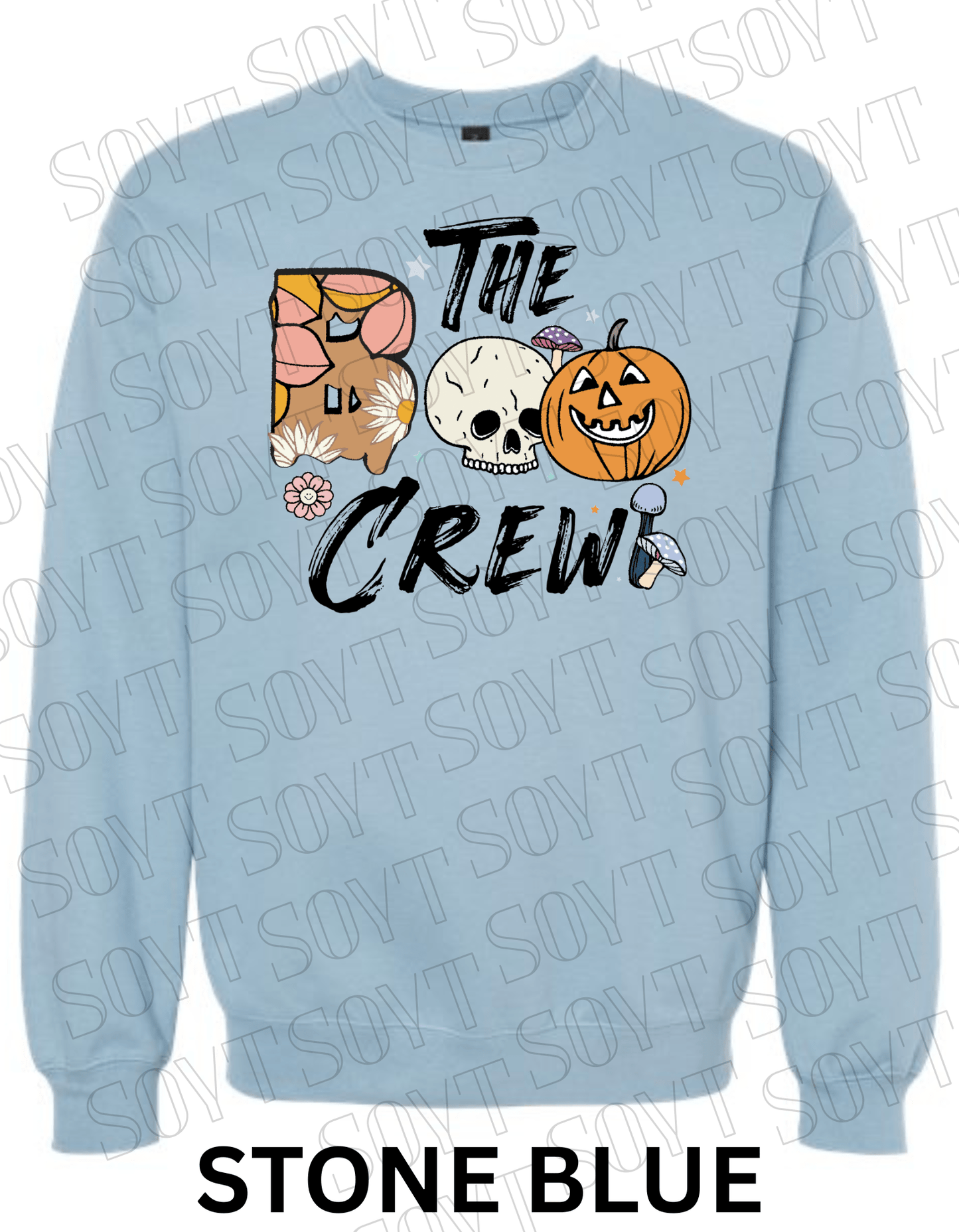 Boo The Crew Halloween Sweatshirt – Skull, Pumpkin, Retro Florals & Mushroom Fleece Pullover - Festive Apparel StoreStone Blue