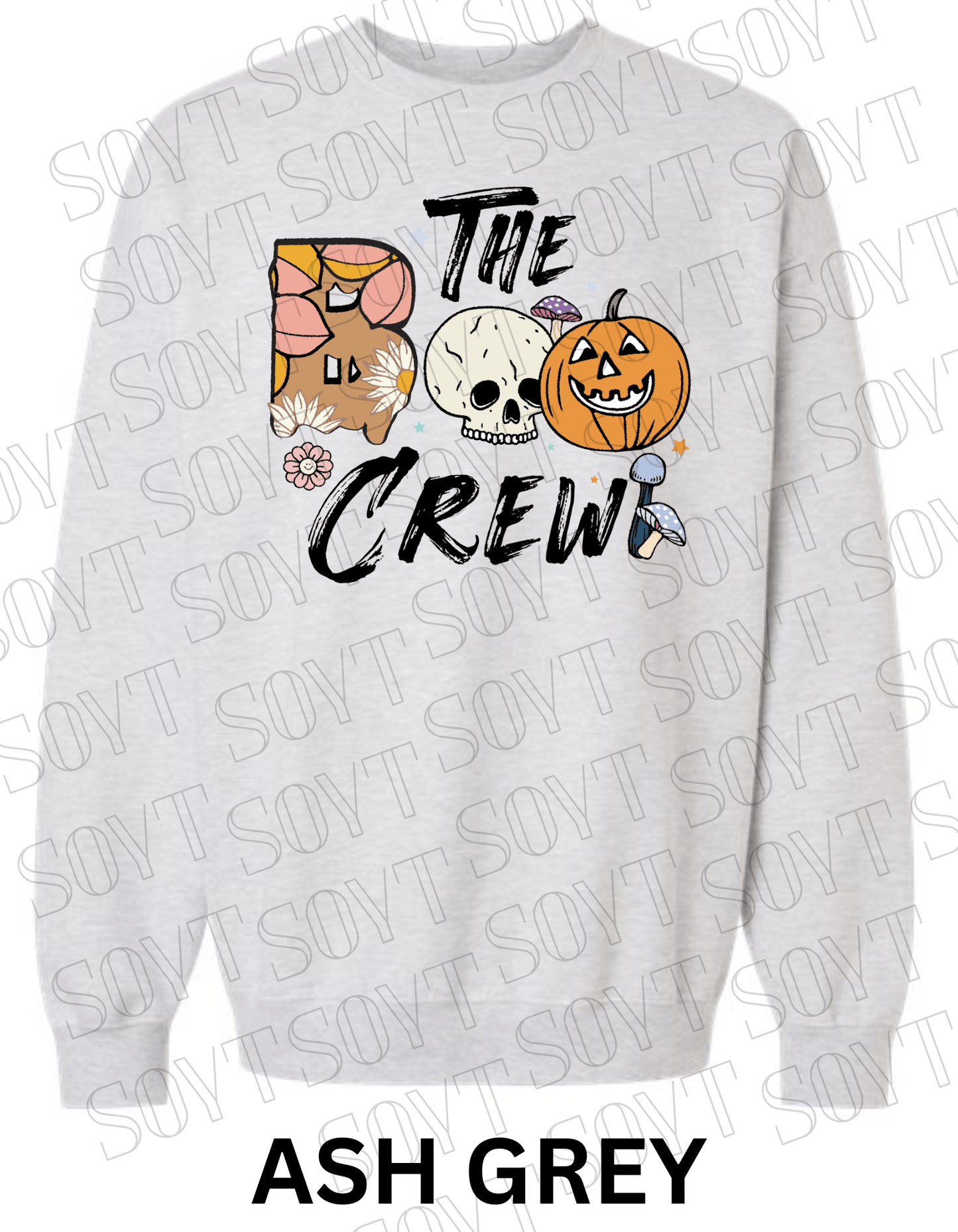 Boo The Crew Halloween Sweatshirt – Skull, Pumpkin, Retro Florals & Mushroom Fleece Pullover - Festive Apparel StoreAsh Grey