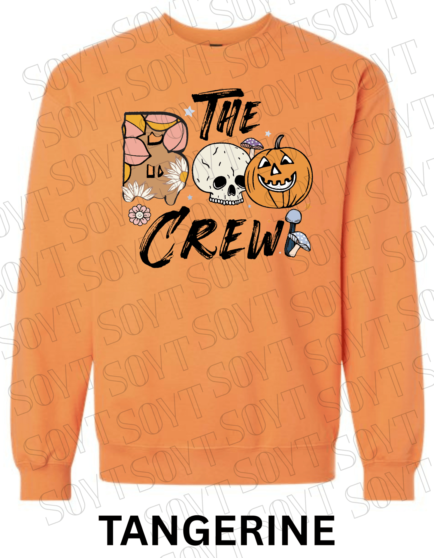 Boo The Crew Halloween Sweatshirt – Skull, Pumpkin, Retro Florals & Mushroom Fleece Pullover - Festive Apparel StoreTangerine