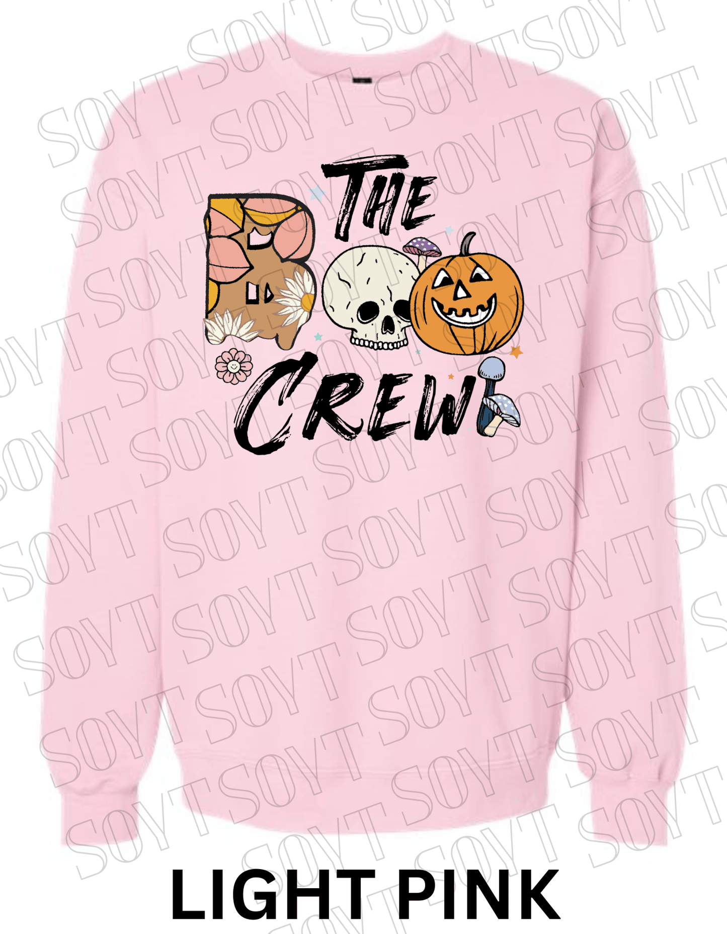 Boo The Crew Halloween Sweatshirt – Skull, Pumpkin, Retro Florals & Mushroom Fleece Pullover - Festive Apparel StoreLight Pink