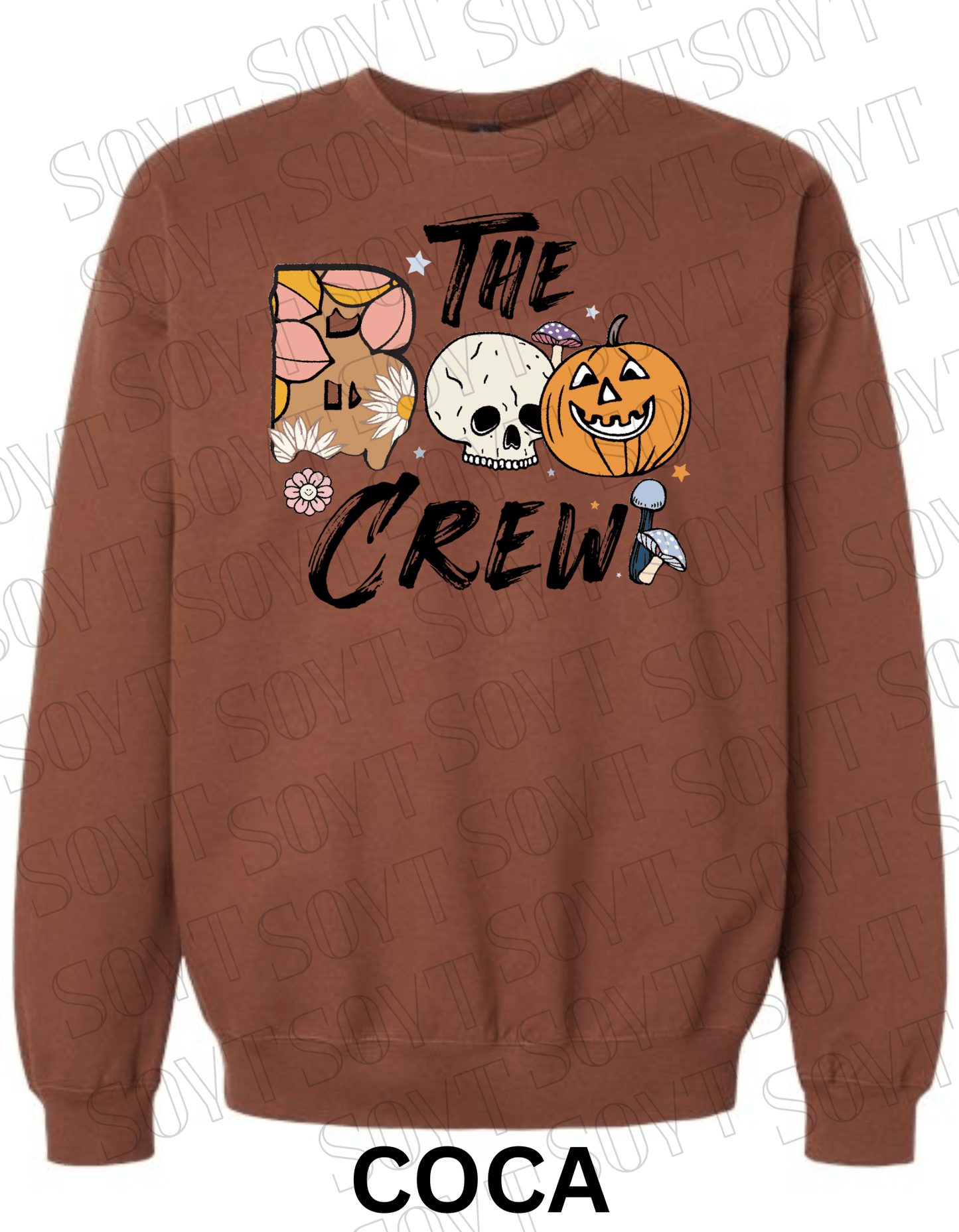 Boo The Crew Halloween Sweatshirt – Skull, Pumpkin, Retro Florals & Mushroom Fleece Pullover - Festive Apparel StoreCocoa Brown