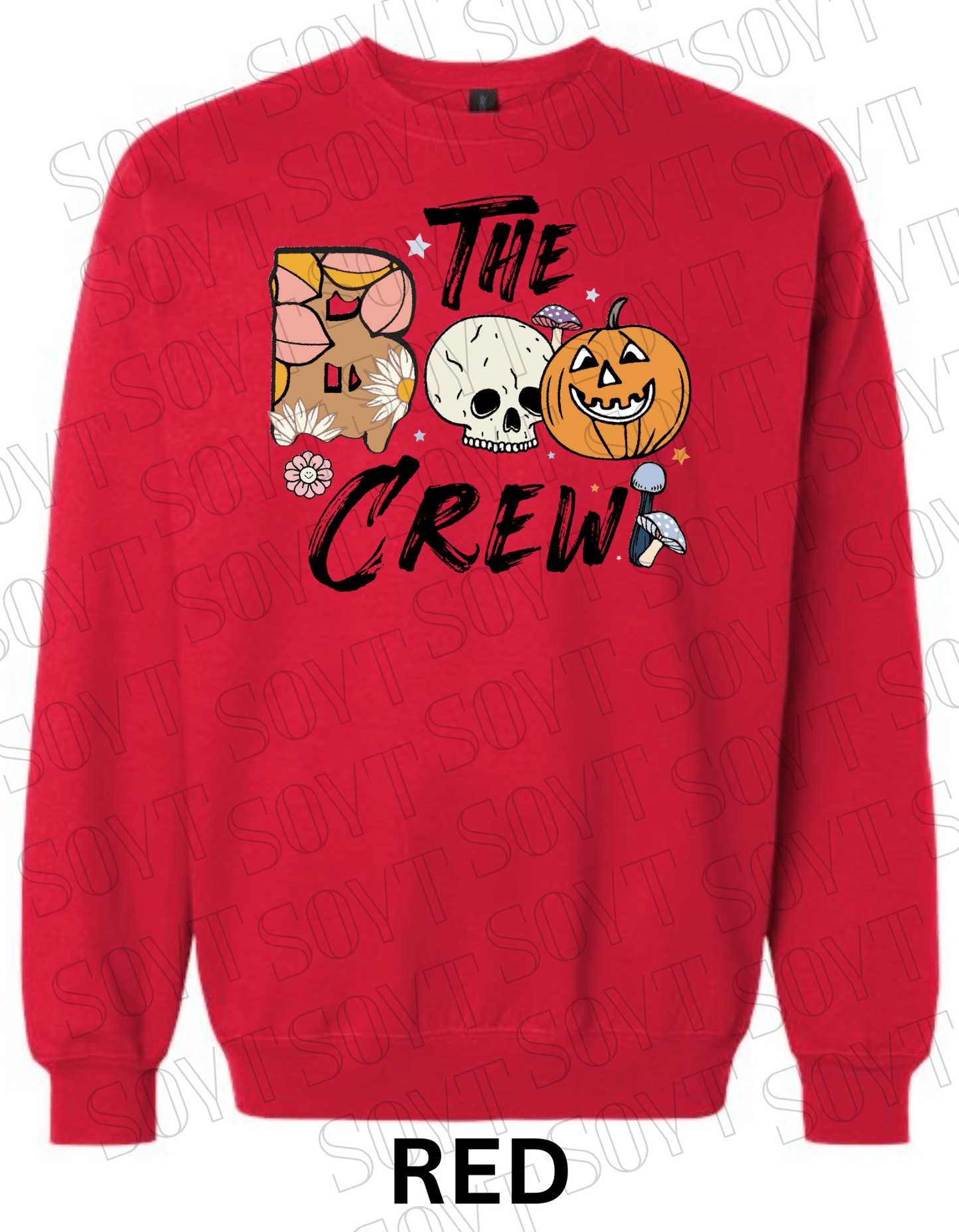 Boo The Crew Halloween Sweatshirt – Skull, Pumpkin, Retro Florals & Mushroom Fleece Pullover - Festive Apparel StoreRed