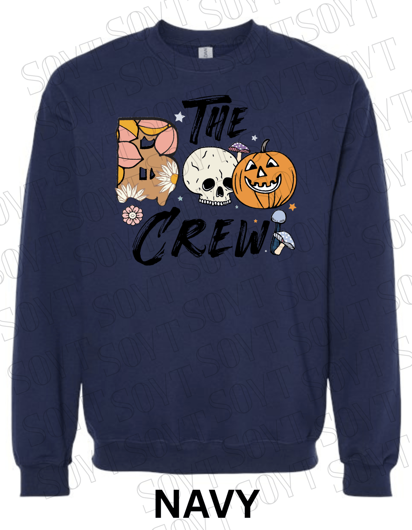 Boo The Crew Halloween Sweatshirt – Skull, Pumpkin, Retro Florals & Mushroom Fleece Pullover - Festive Apparel StoreNavy Blue