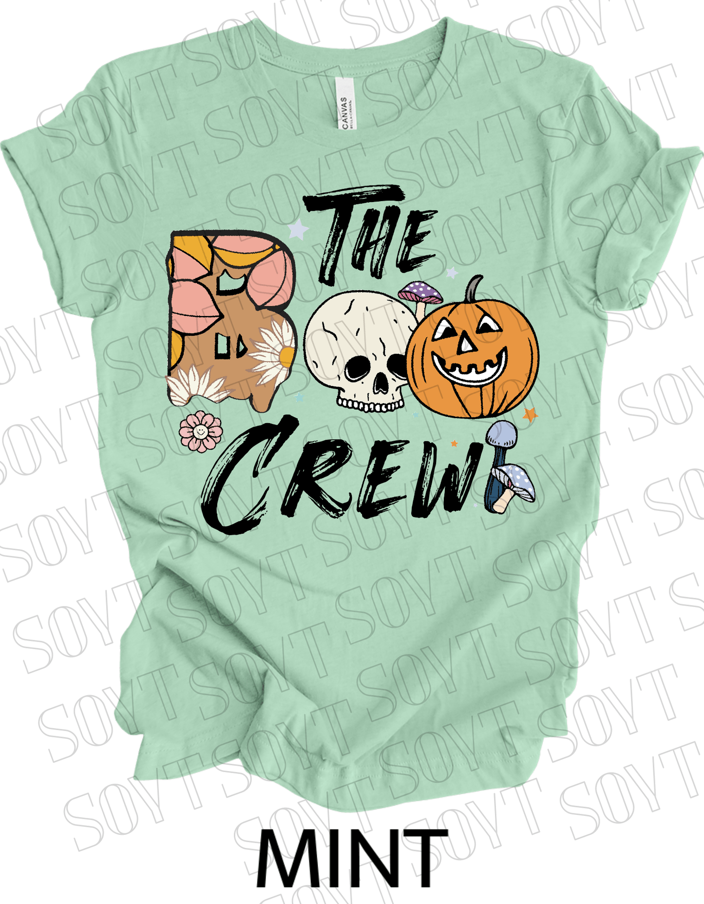 Boo The Crew Halloween T-Shirt – Skull, Pumpkin, Retro Florals & Mushroom Graphic Tee - Festive Apparel StoreMint
