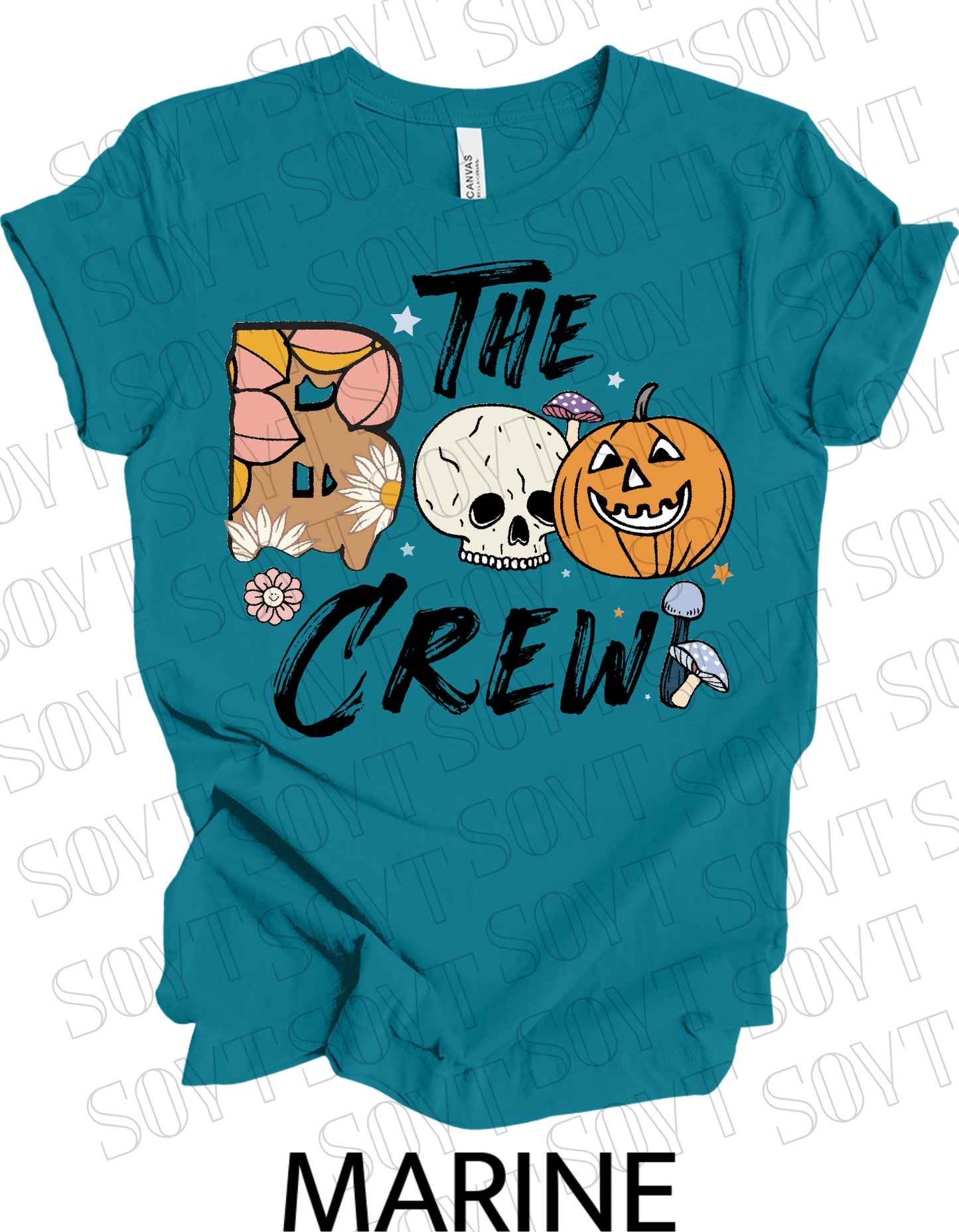 Boo The Crew Halloween T-Shirt – Skull, Pumpkin, Retro Florals & Mushroom Graphic Tee - Festive Apparel StoreMarine