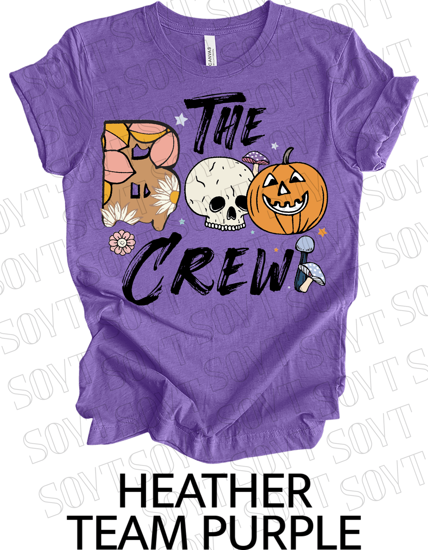 Boo The Crew Halloween T-Shirt – Skull, Pumpkin, Retro Florals & Mushroom Graphic Tee - Festive Apparel StoreHeather Purple