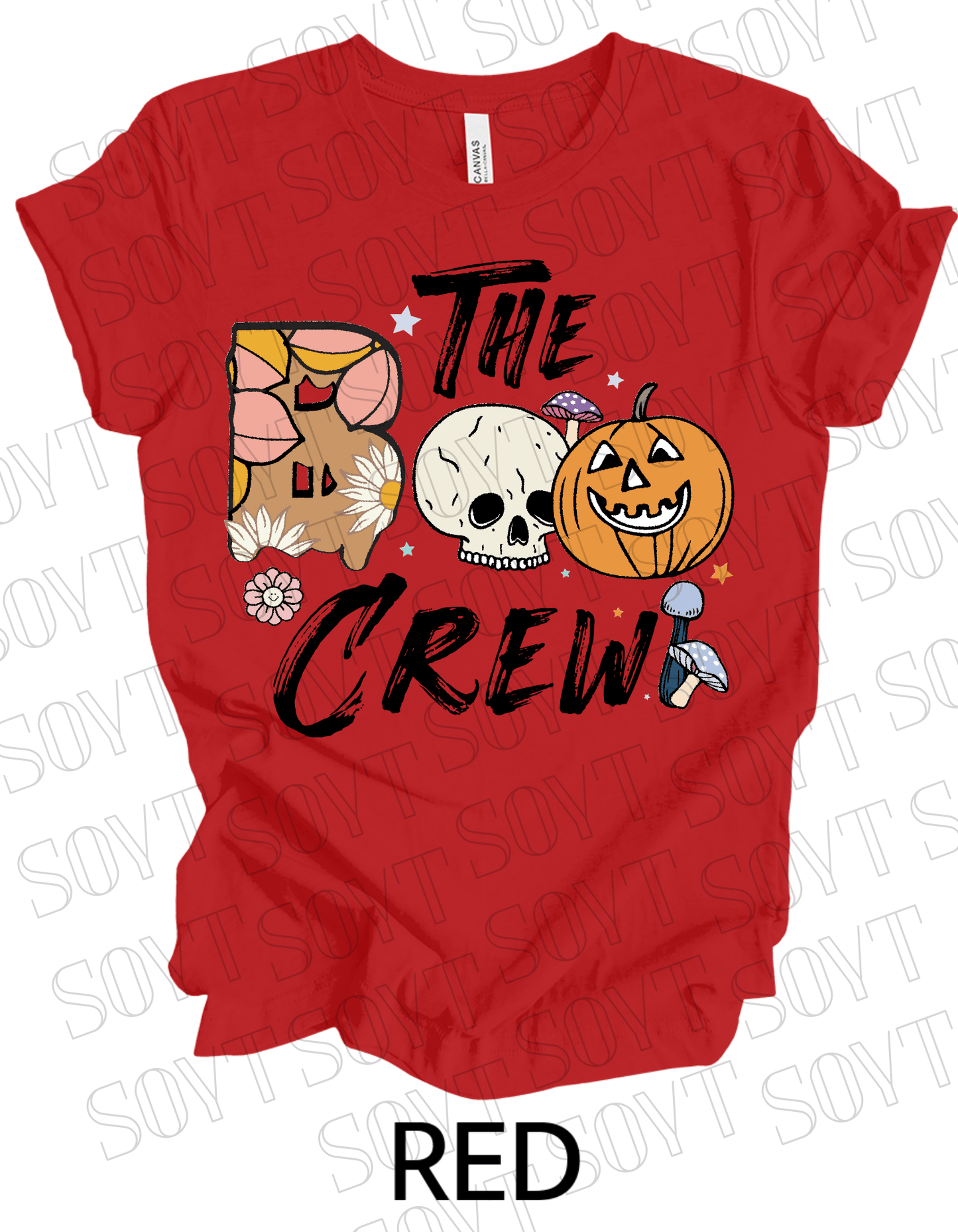 Boo The Crew Halloween T-Shirt – Skull, Pumpkin, Retro Florals & Mushroom Graphic Tee - Festive Apparel StoreRed