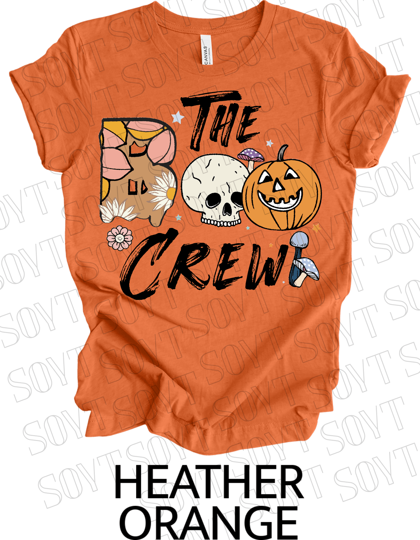 Boo The Crew Halloween T-Shirt – Skull, Pumpkin, Retro Florals & Mushroom Graphic Tee - Festive Apparel StoreHeather Orange