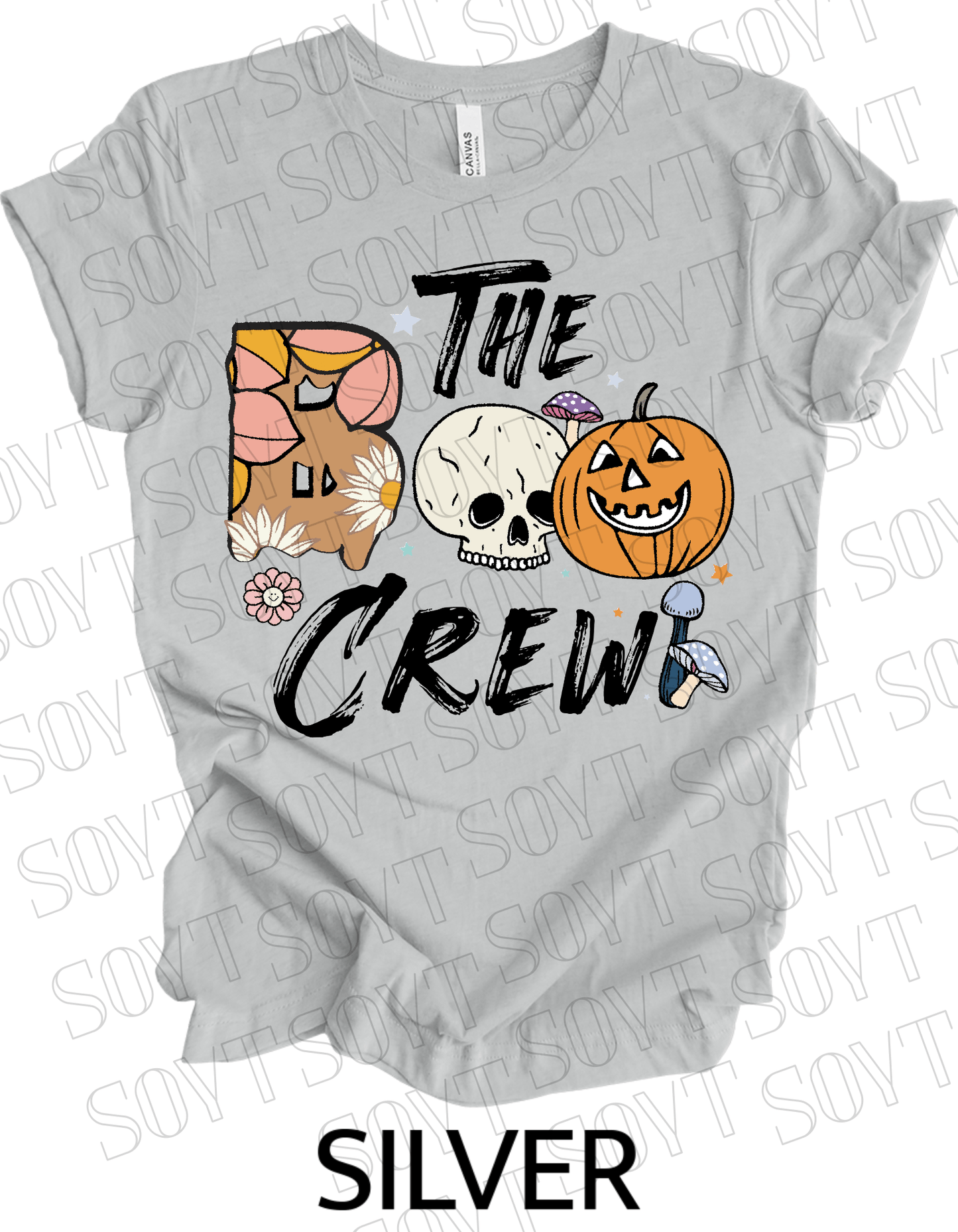 Boo The Crew Halloween T-Shirt – Skull, Pumpkin, Retro Florals & Mushroom Graphic Tee - Festive Apparel StoreSilver