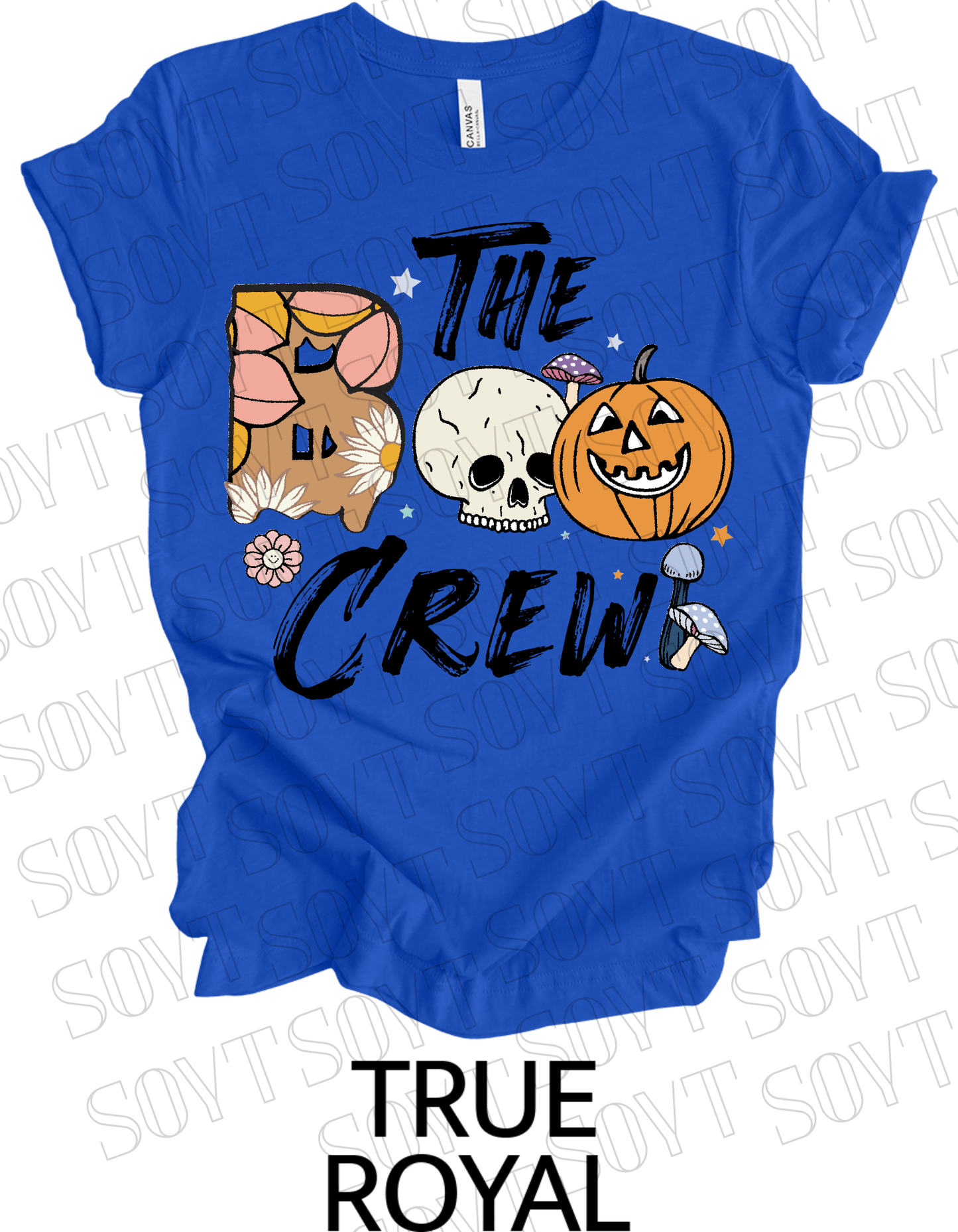 Boo The Crew Halloween T-Shirt – Skull, Pumpkin, Retro Florals & Mushroom Graphic Tee - Festive Apparel StoreRoyal Blue