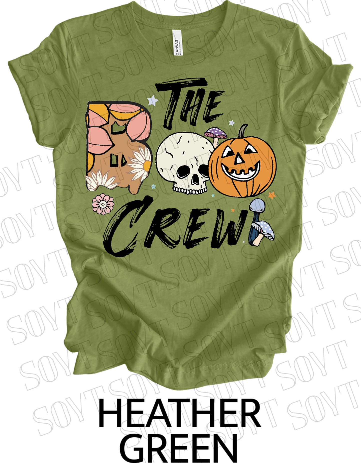 Boo The Crew Halloween T-Shirt – Skull, Pumpkin, Retro Florals & Mushroom Graphic Tee - Festive Apparel StoreHeather Green