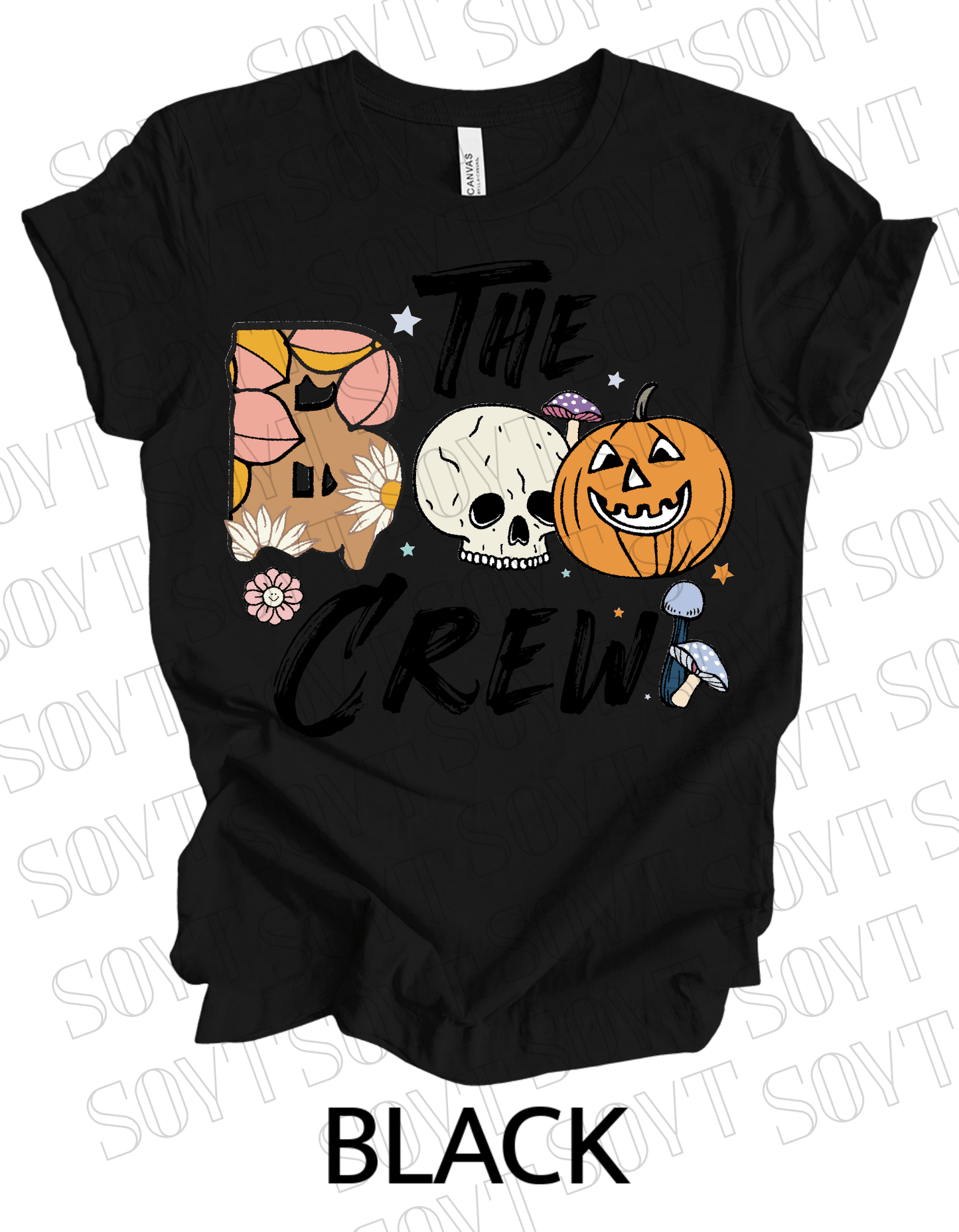 Boo The Crew Halloween T-Shirt – Skull, Pumpkin, Retro Florals & Mushroom Graphic Tee - Festive Apparel StoreBlack