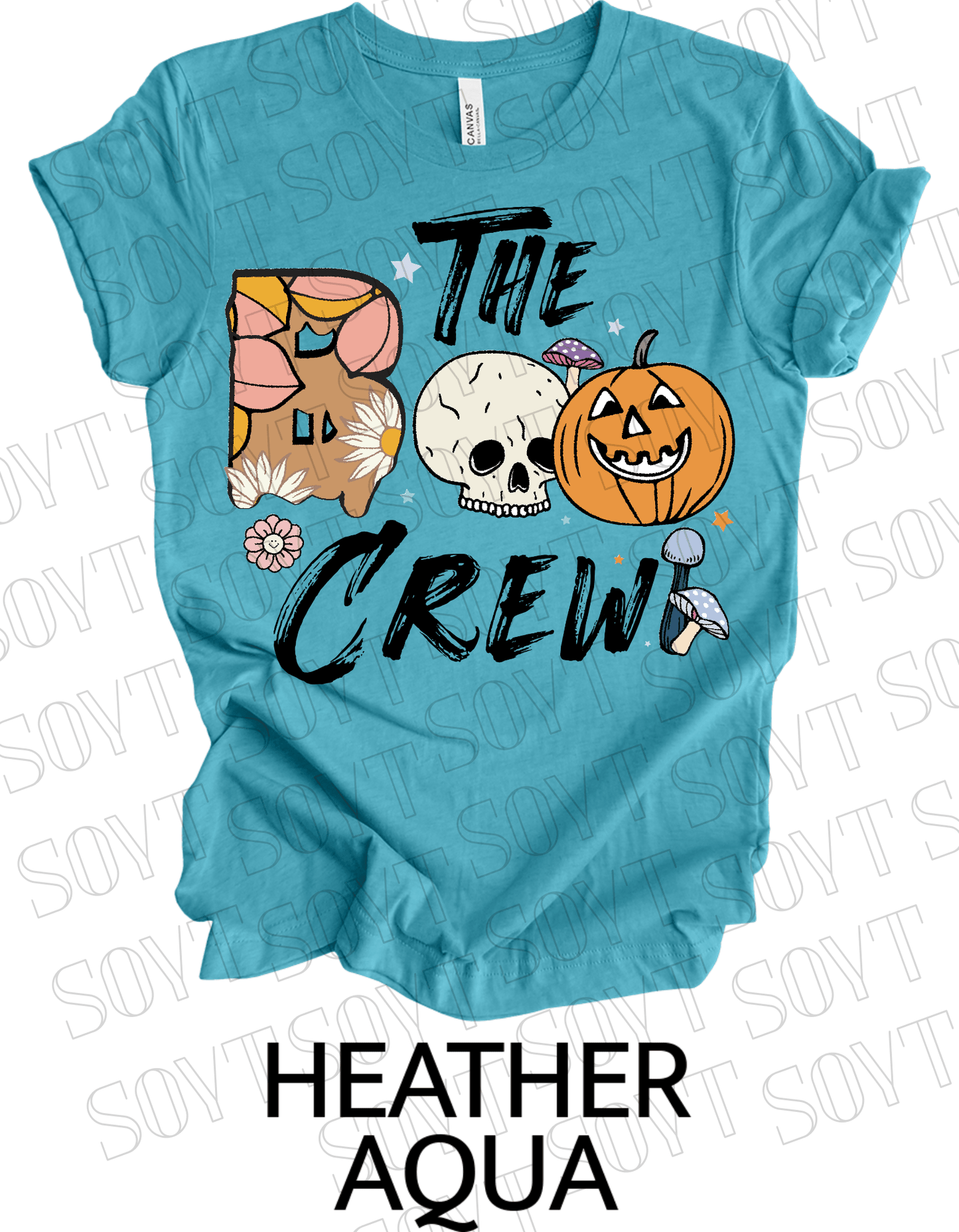 Boo The Crew Halloween T-Shirt – Skull, Pumpkin, Retro Florals & Mushroom Graphic Tee - Festive Apparel StoreHeather Aqua
