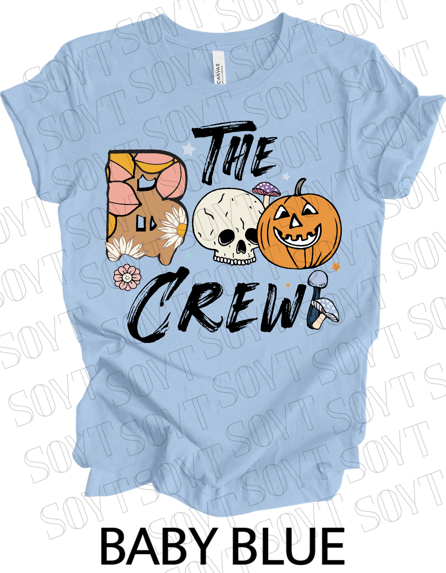 Boo The Crew Halloween T-Shirt – Skull, Pumpkin, Retro Florals & Mushroom Graphic Tee - Festive Apparel StoreBaby Blue