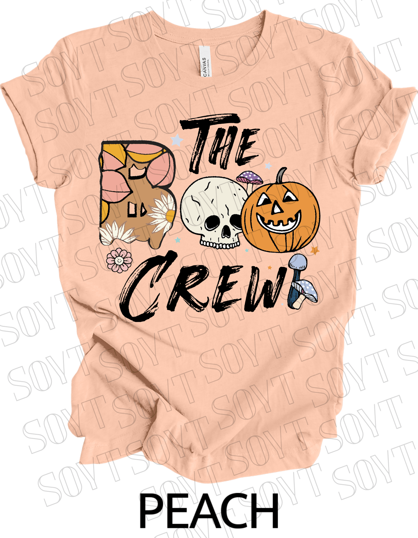 Boo The Crew Halloween T-Shirt – Skull, Pumpkin, Retro Florals & Mushroom Graphic Tee - Festive Apparel StorePeach