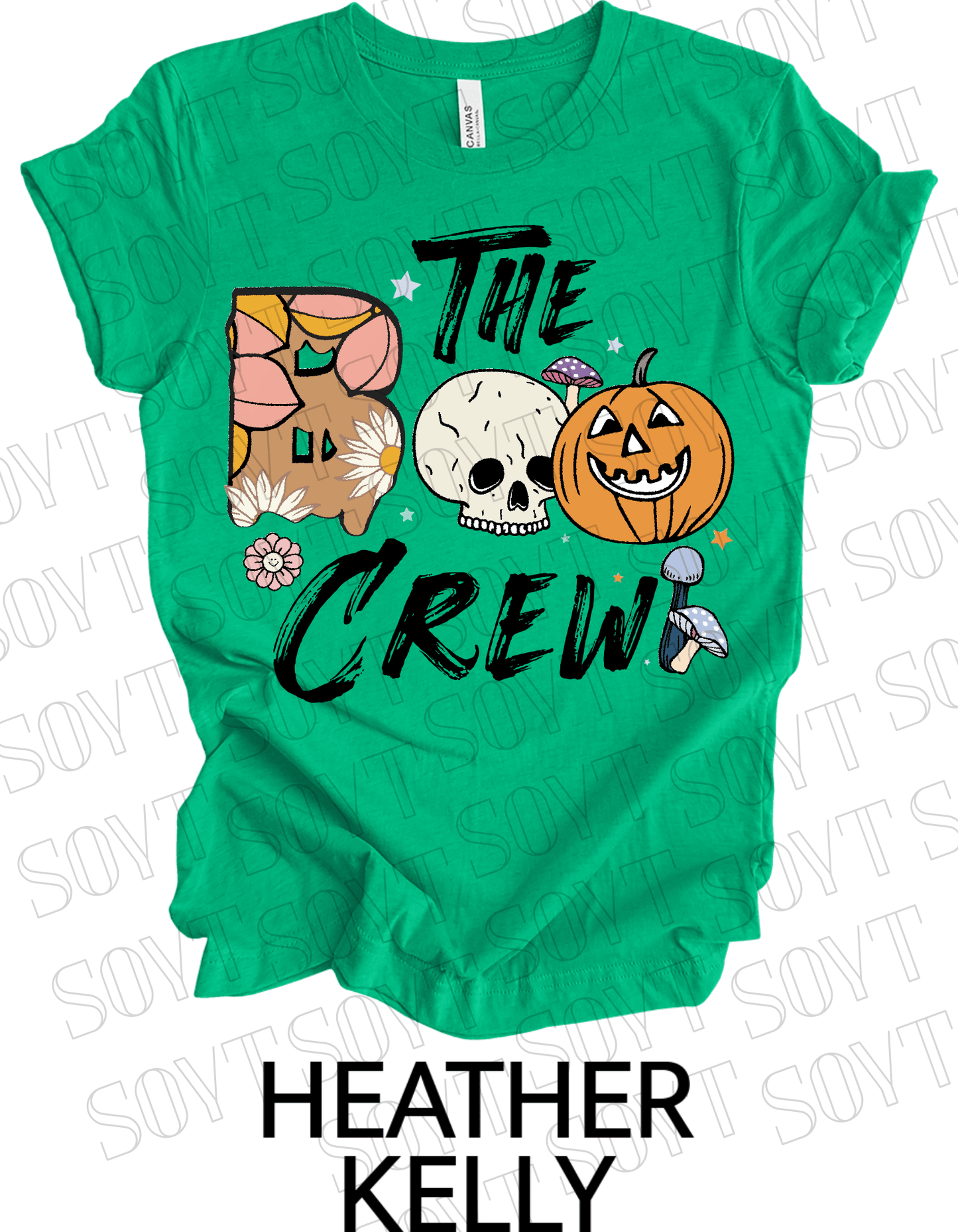 Boo The Crew Halloween T-Shirt – Skull, Pumpkin, Retro Florals & Mushroom Graphic Tee - Festive Apparel StoreHeather Kelly Green