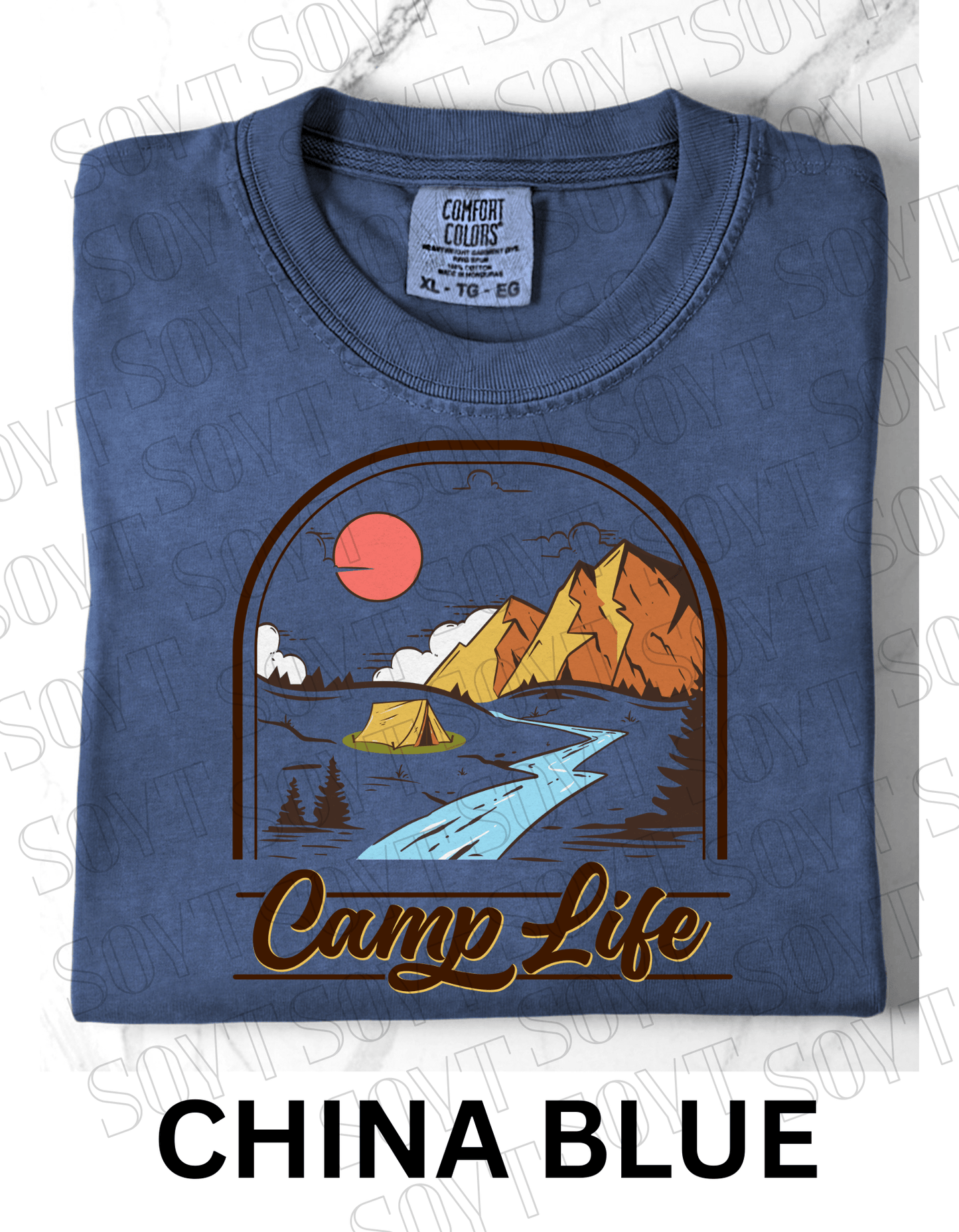 Camp Life T-Shirt – Mountain Tent & River Camping Scene Graphic Tee - Festive Apparel StoreChina Blue