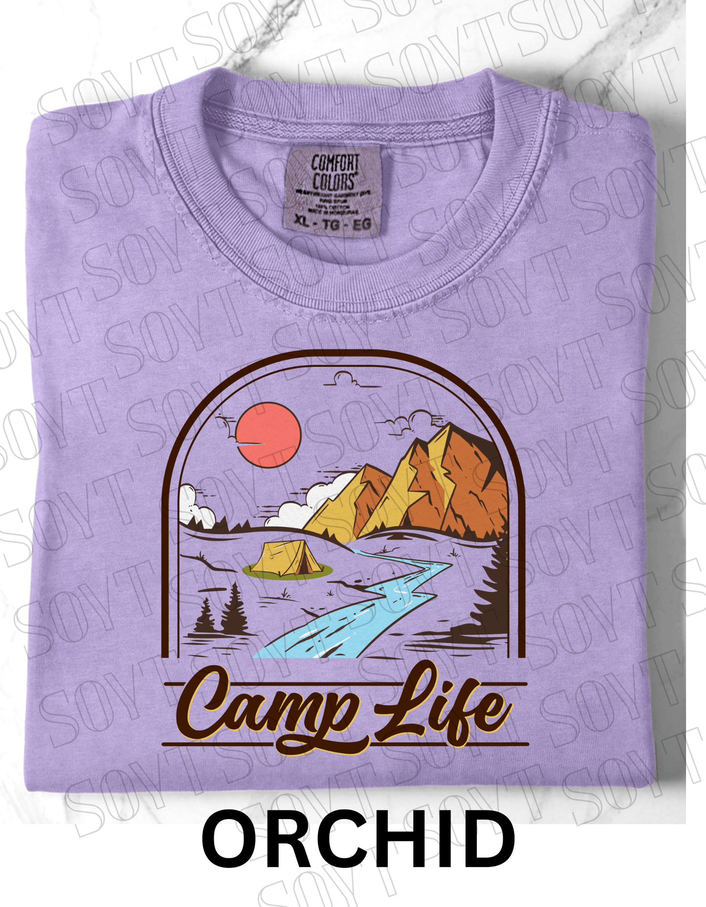 Camp Life T-Shirt – Mountain Tent & River Camping Scene Graphic Tee - Festive Apparel StoreOrchid
