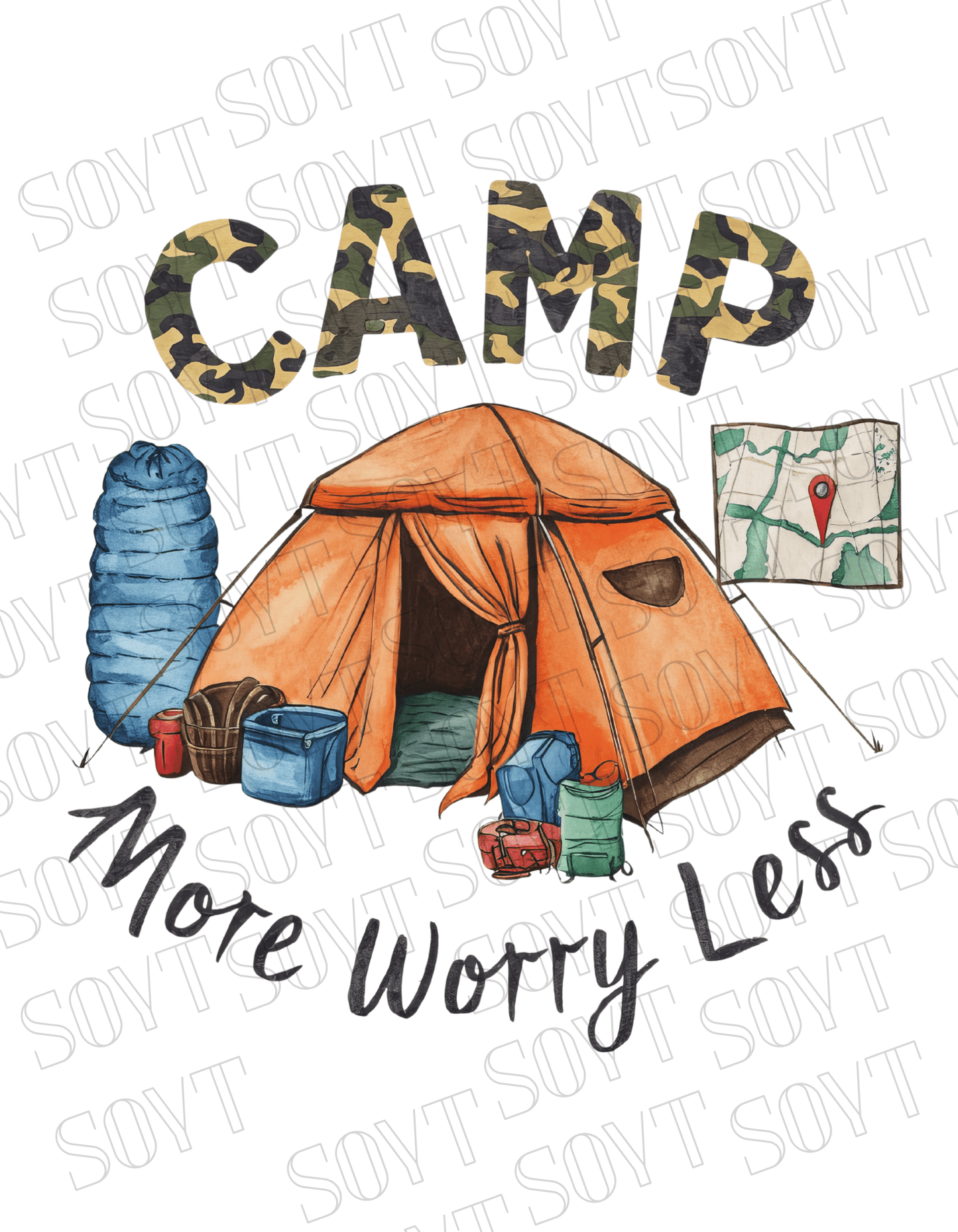 Camp More Worry Less T-Shirt – Camo Camping Tent & Gear Graphic Tee - Festive Apparel StoreBlack