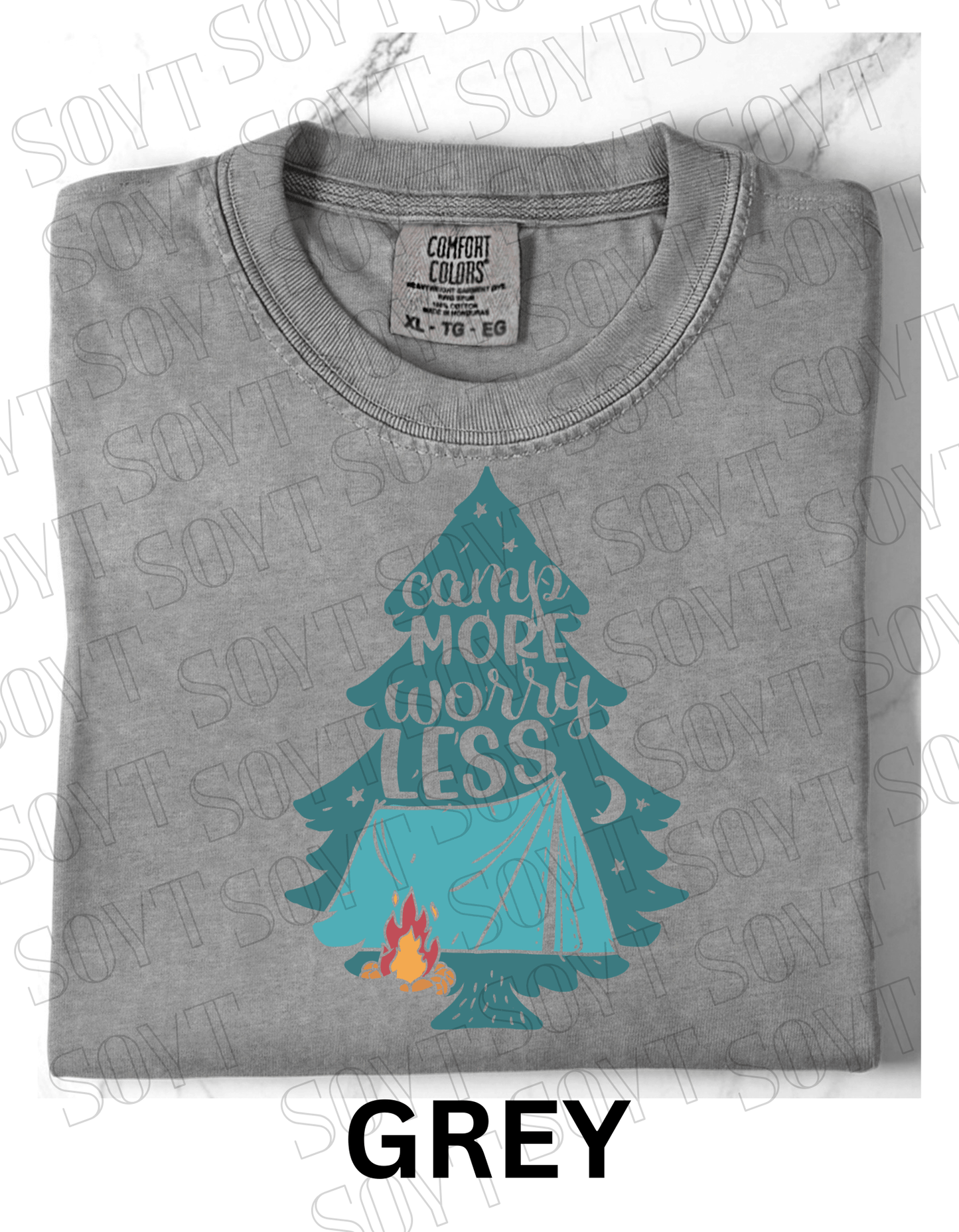 Camp More Worry Less T-Shirt – Pine Tree Tent & Campfire Graphic Tee - Festive Apparel StoreGrey