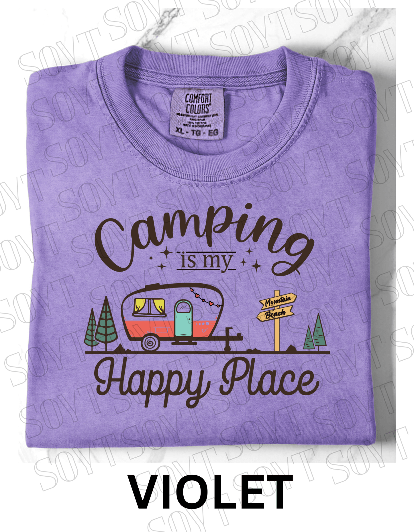Camping Is My Happy Place T-Shirt – Retro Camper Van Graphic Tee - Festive Apparel StoreViolet