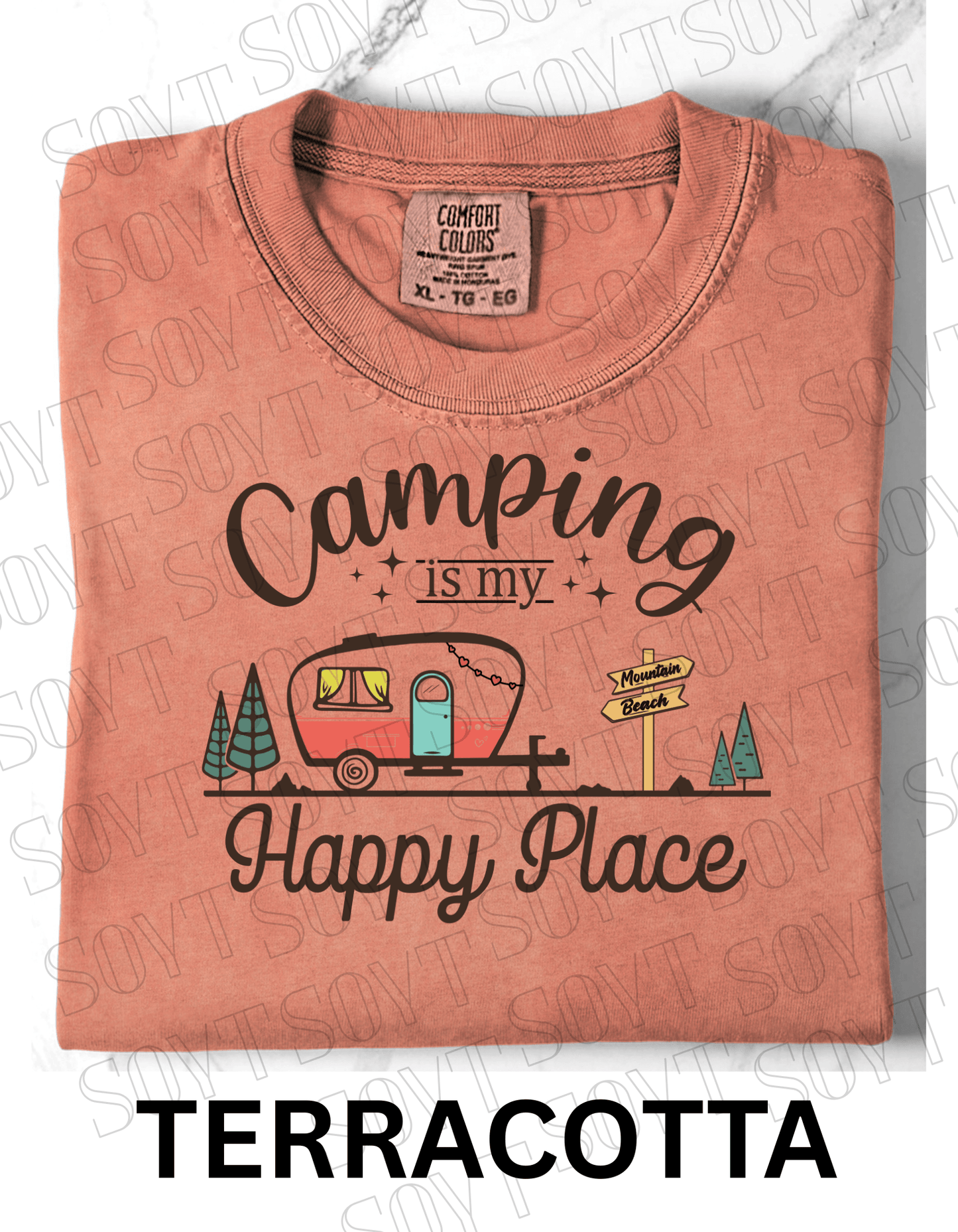 Camping Is My Happy Place T-Shirt – Retro Camper Van Graphic Tee - Festive Apparel StoreTerracotta