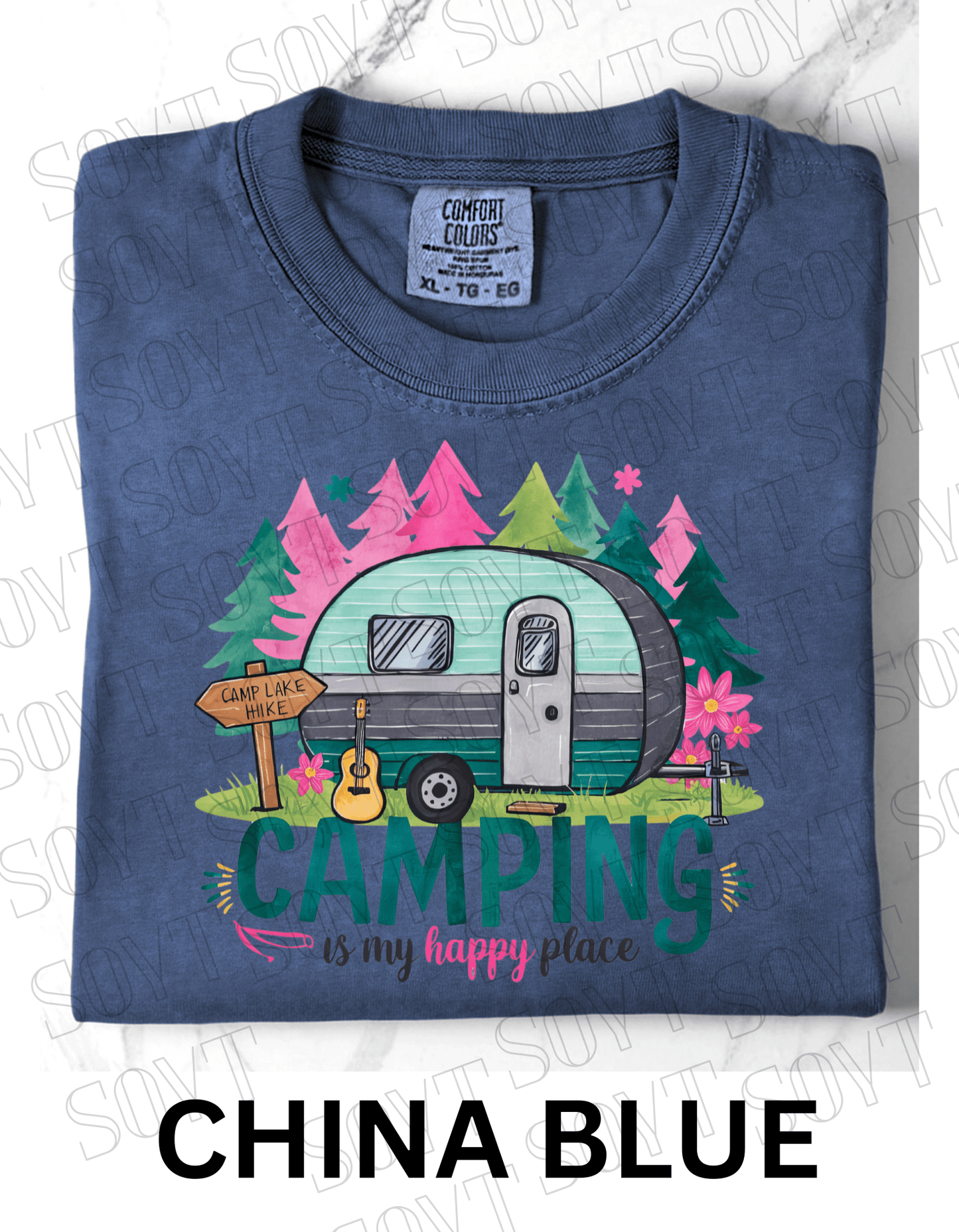 Camping Is My Happy Place T-Shirt – Vintage Camper & Guitar Forest Graphic Tee - Festive Apparel StoreChina Blue