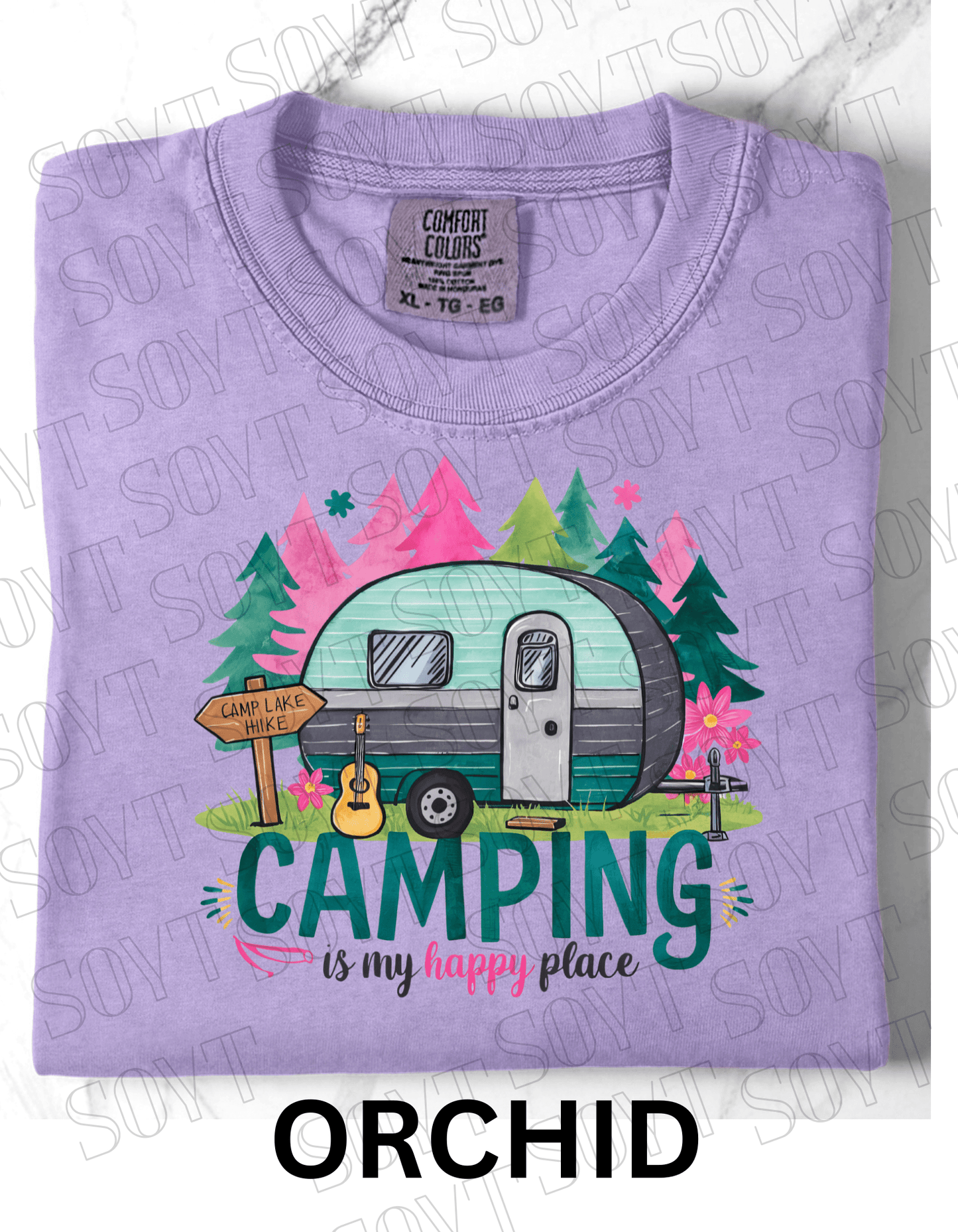 Camping Is My Happy Place T-Shirt – Vintage Camper & Guitar Forest Graphic Tee - Festive Apparel StoreOrchid