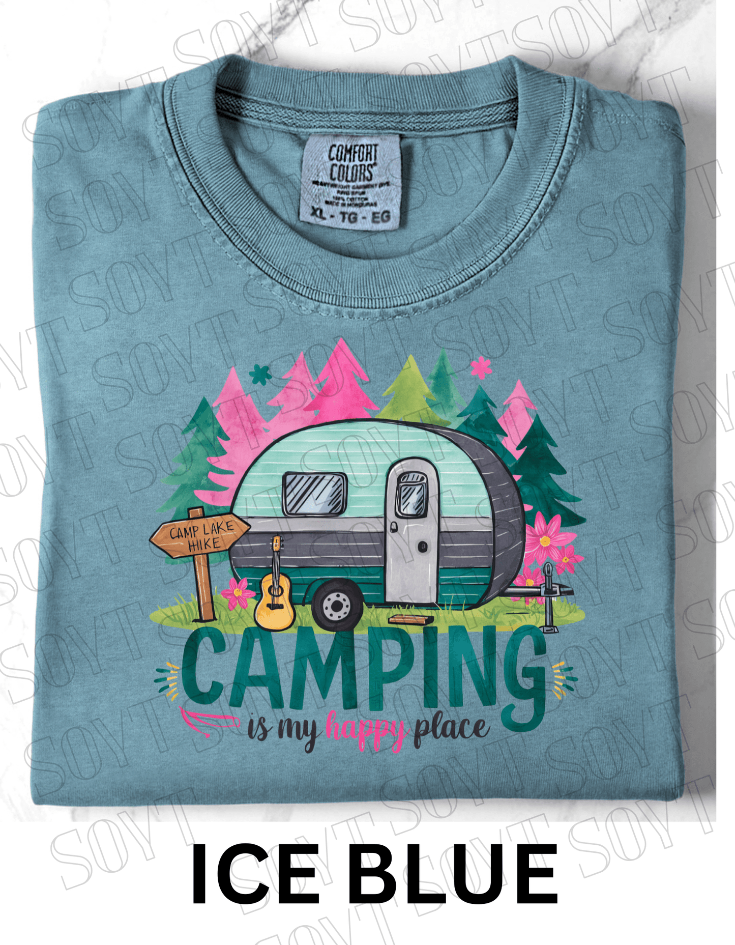 Camping Is My Happy Place T-Shirt – Vintage Camper & Guitar Forest Graphic Tee - Festive Apparel StoreIce Blue