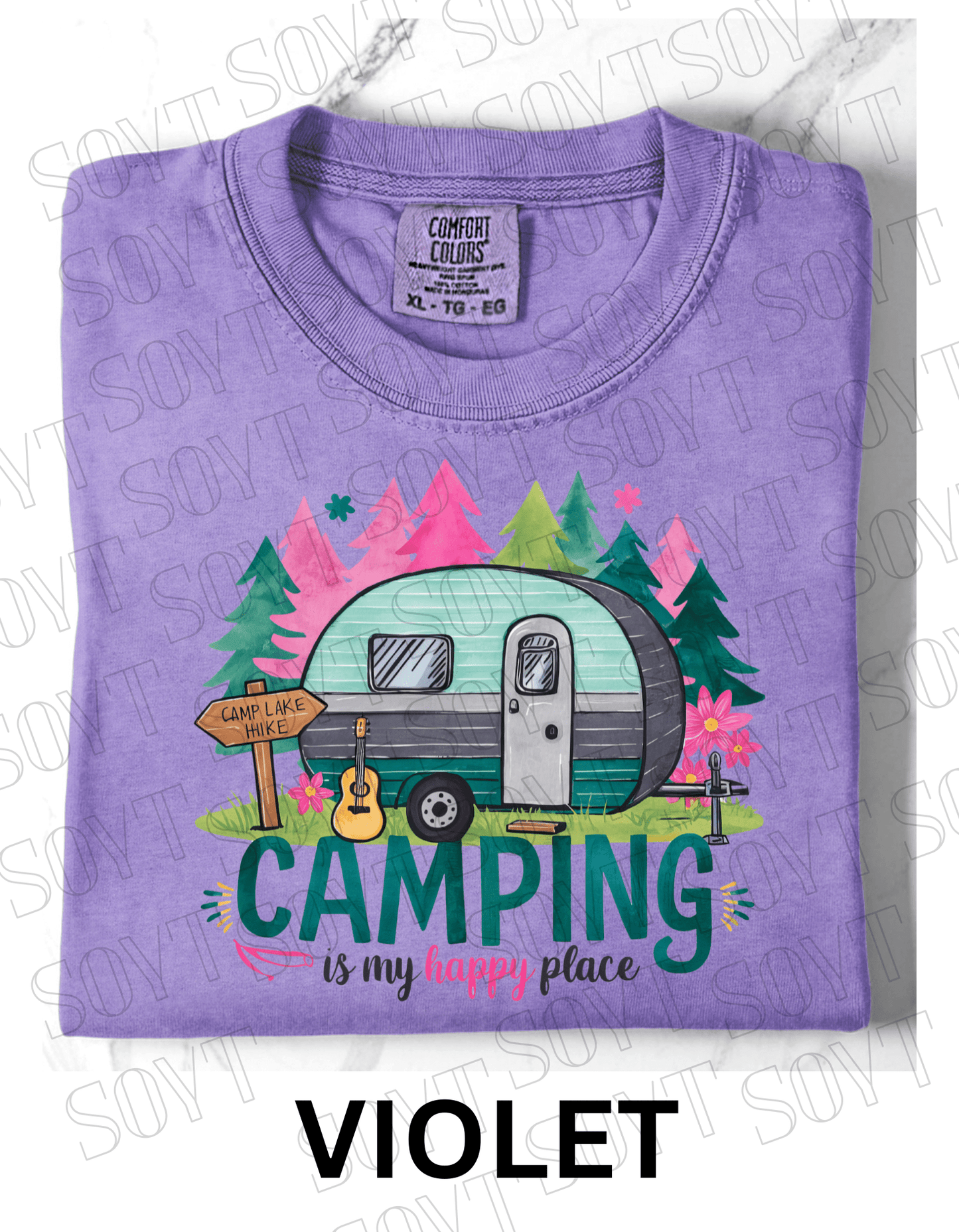 Camping Is My Happy Place T-Shirt – Vintage Camper & Guitar Forest Graphic Tee - Festive Apparel StoreViolet