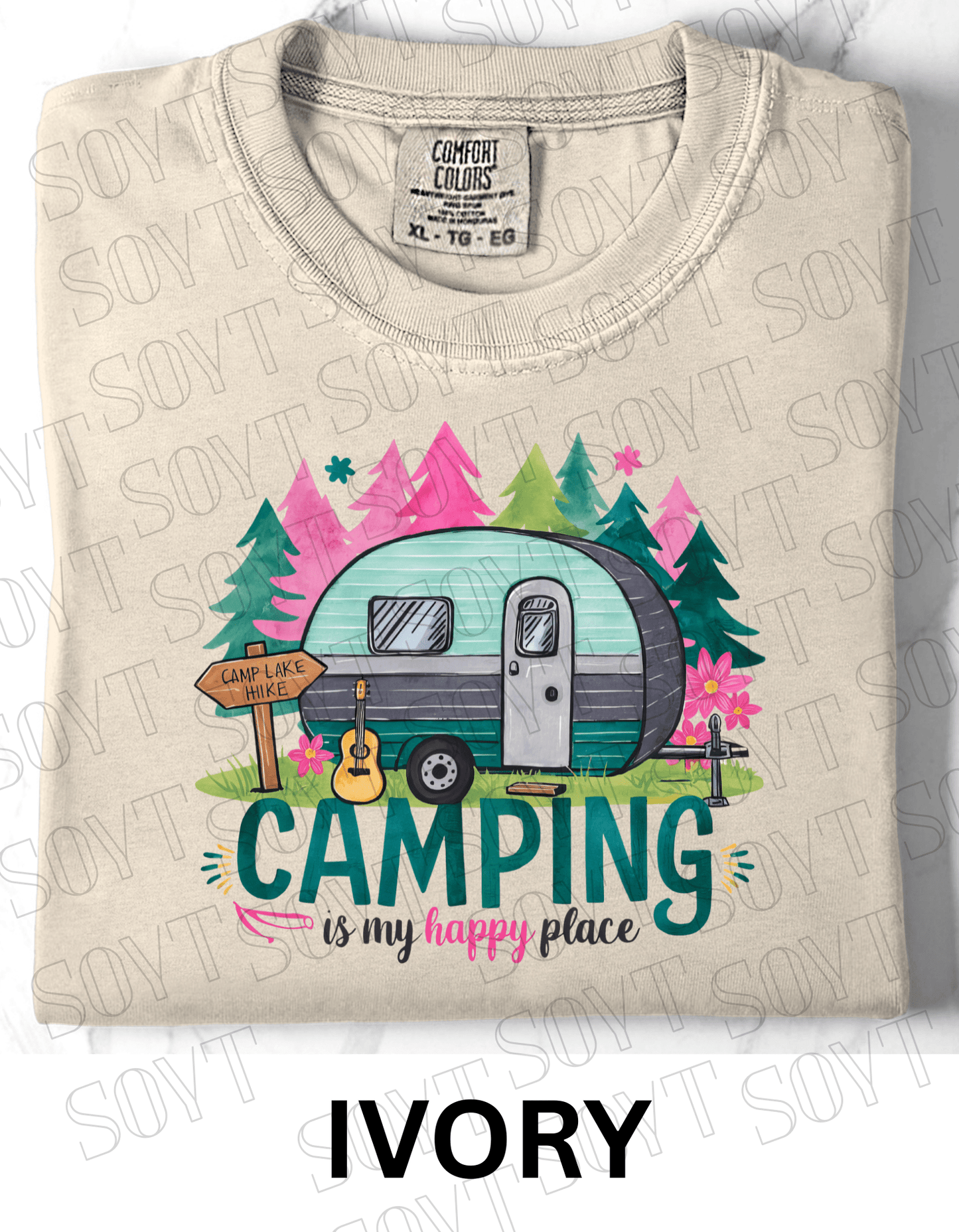 Camping Is My Happy Place T-Shirt – Vintage Camper & Guitar Forest Graphic Tee - Festive Apparel StoreIvory