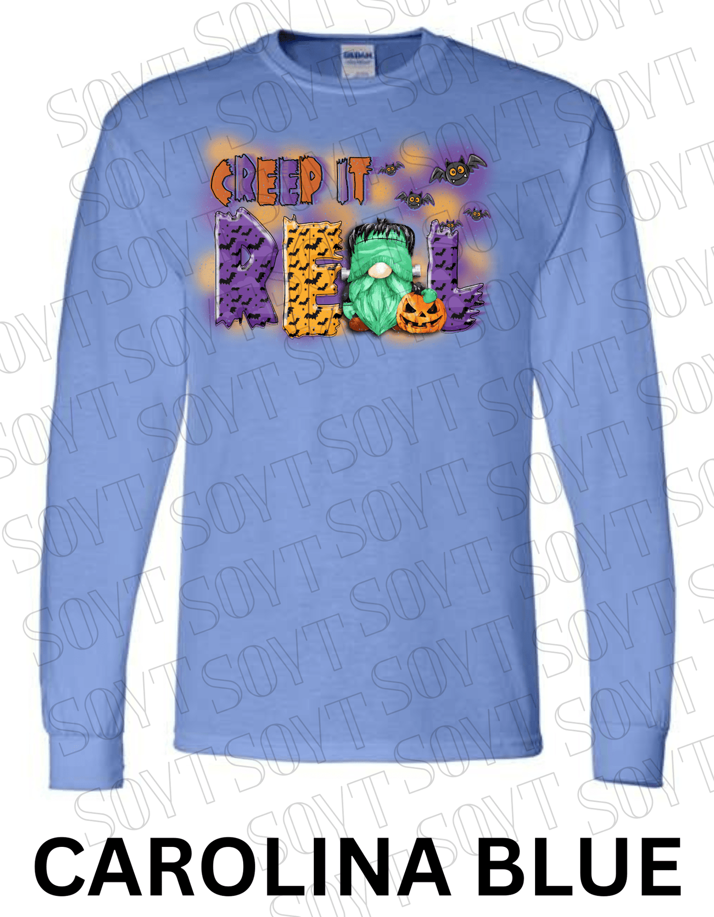 Creep It Real Halloween Long Sleeve – Funny Frankenstein Gnome & Pumpkin Bat Tee - Festive Apparel StoreCarolina Blue