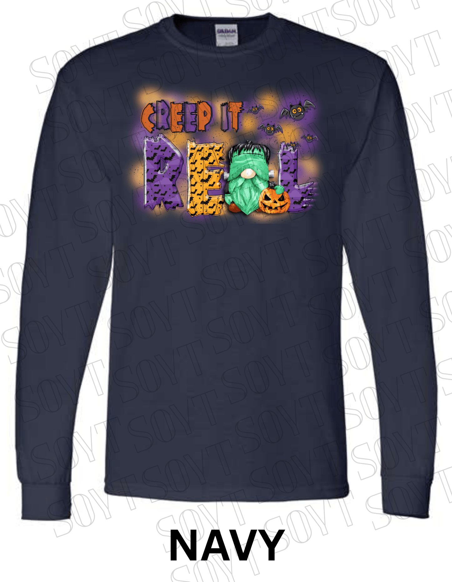 Creep It Real Halloween Long Sleeve – Funny Frankenstein Gnome & Pumpkin Bat Tee - Festive Apparel StoreNavy Blue