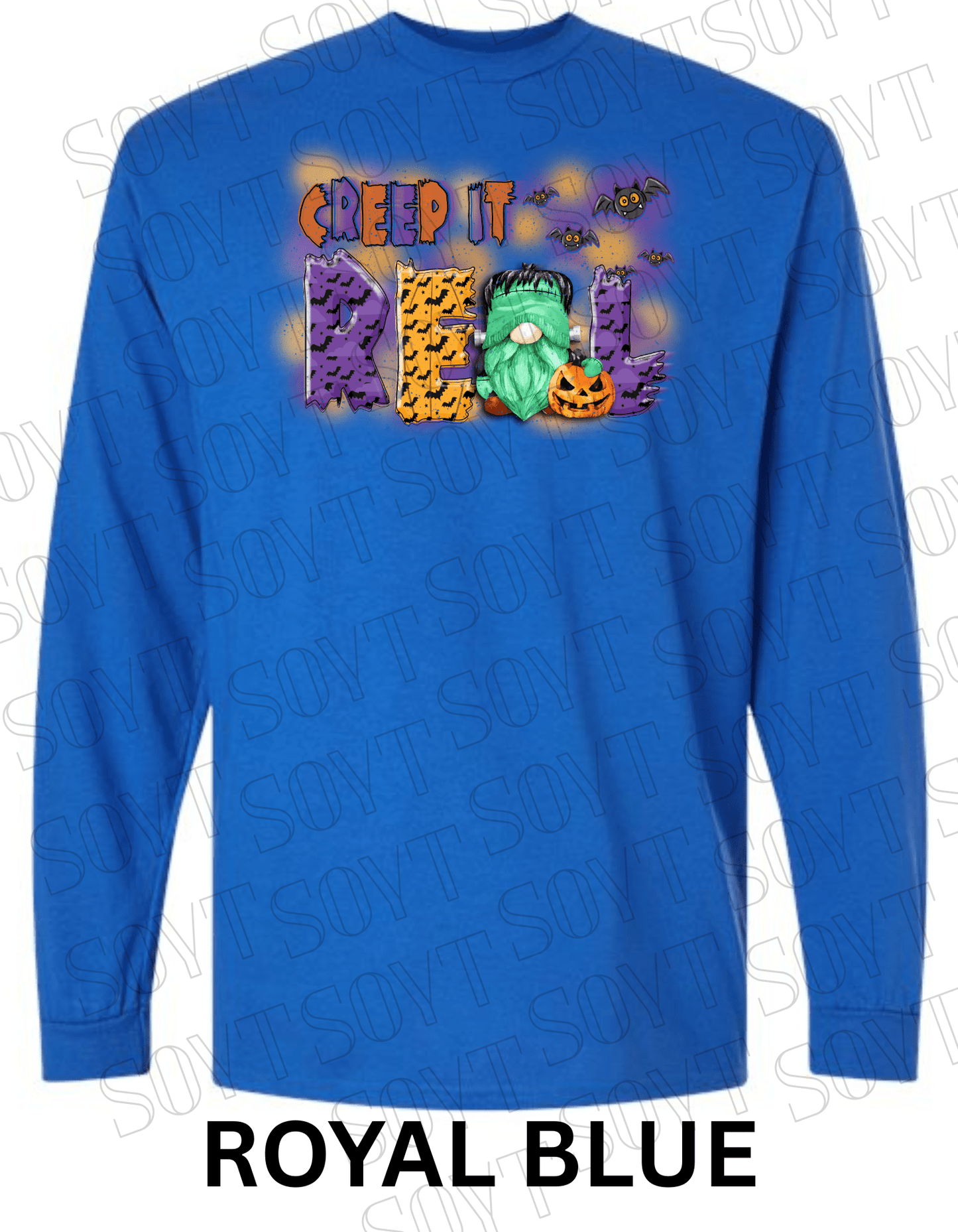 Creep It Real Halloween Long Sleeve – Funny Frankenstein Gnome & Pumpkin Bat Tee - Festive Apparel StoreRoyal Blue