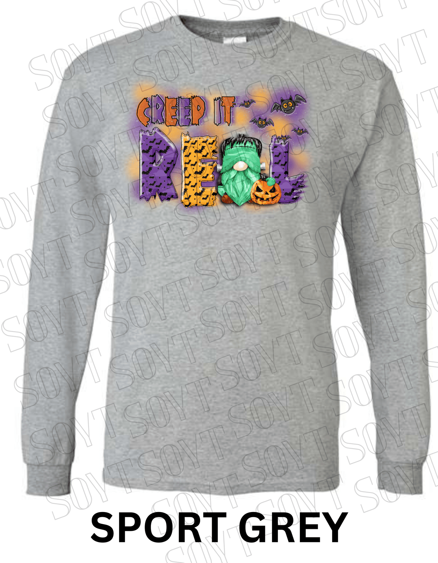 Creep It Real Halloween Long Sleeve – Funny Frankenstein Gnome & Pumpkin Bat Tee - Festive Apparel StoreSport Grey
