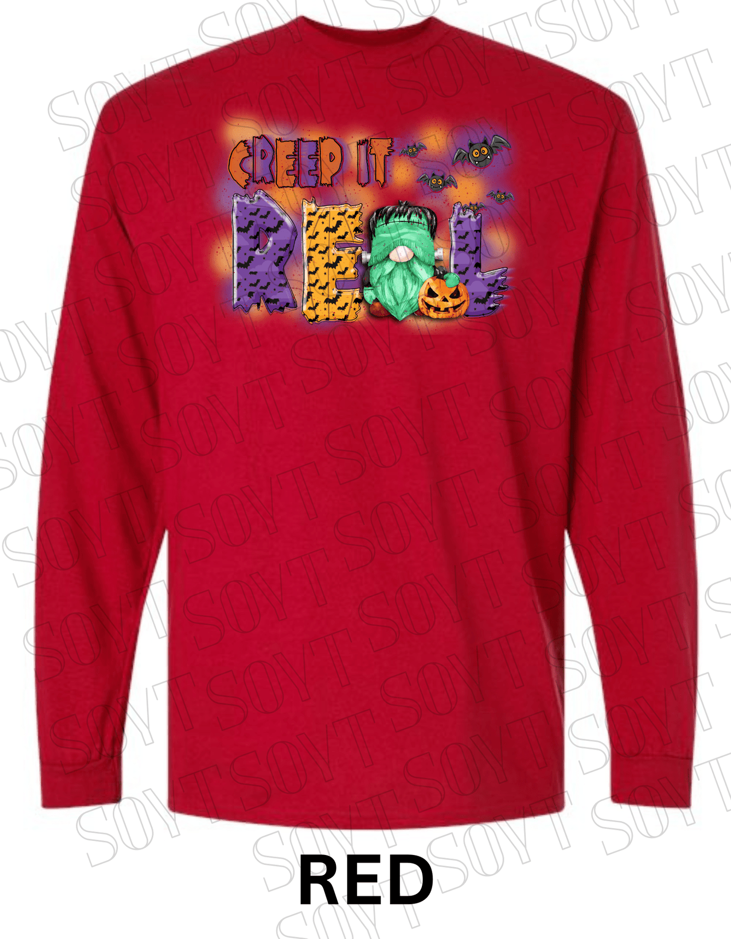 Creep It Real Halloween Long Sleeve – Funny Frankenstein Gnome & Pumpkin Bat Tee - Festive Apparel StoreRed