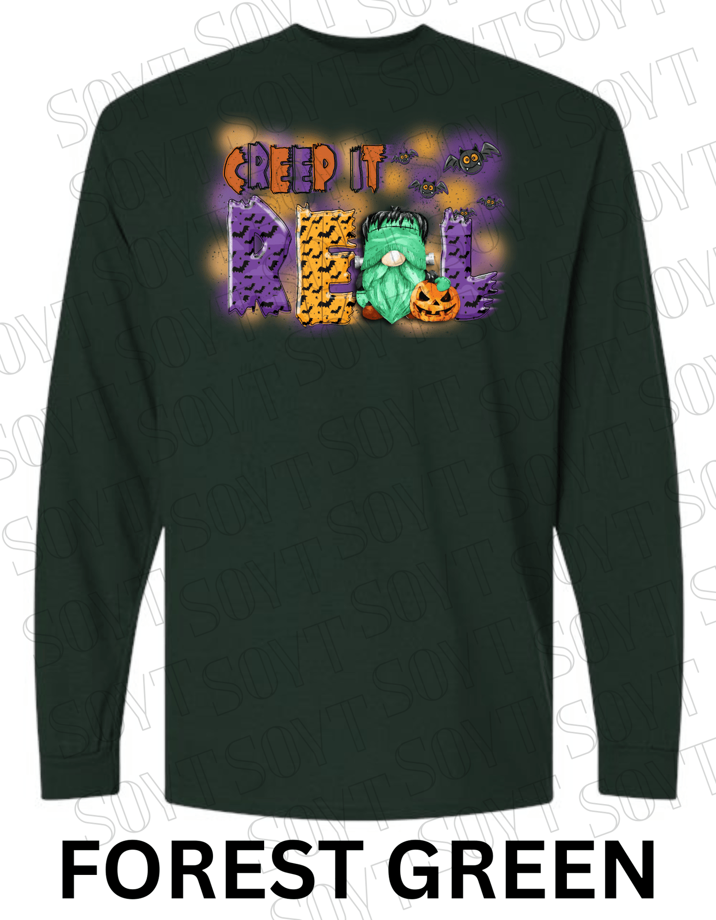 Creep It Real Halloween Long Sleeve – Funny Frankenstein Gnome & Pumpkin Bat Tee - Festive Apparel StoreForest Green