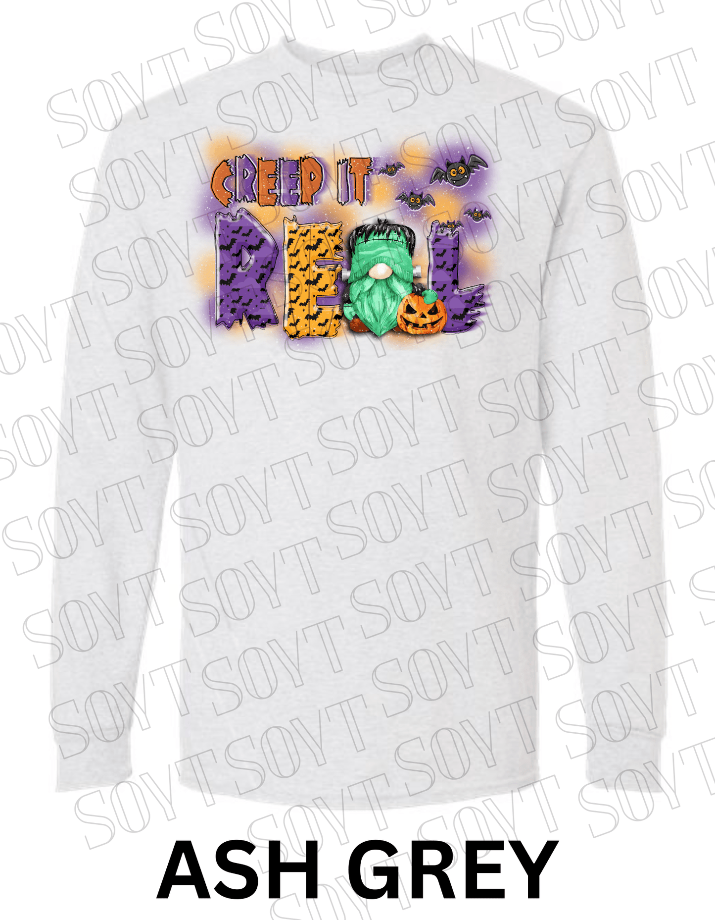 Creep It Real Halloween Long Sleeve – Funny Frankenstein Gnome & Pumpkin Bat Tee - Festive Apparel StoreAsh Gray