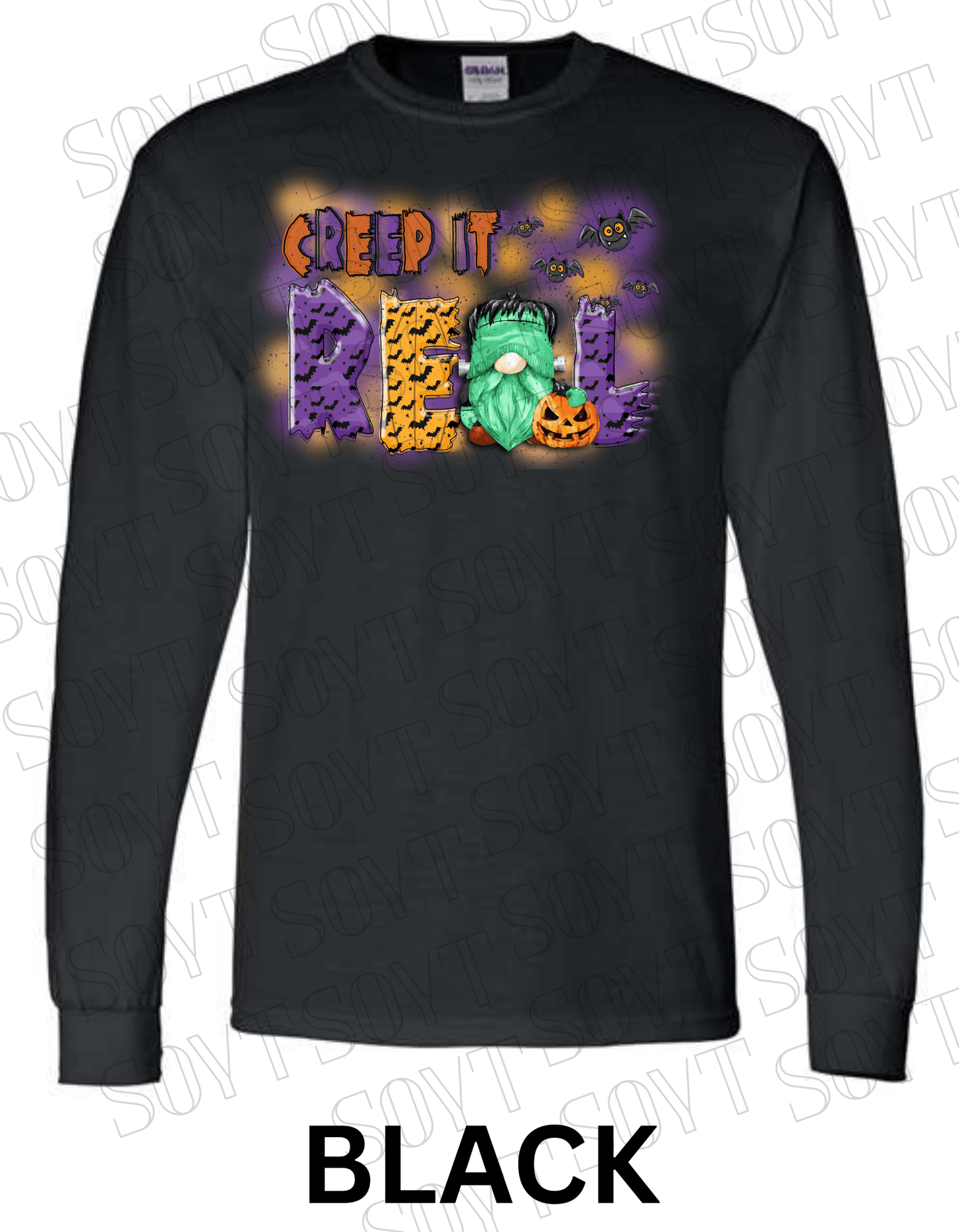 Creep It Real Halloween Long Sleeve – Funny Frankenstein Gnome & Pumpkin Bat Tee - Festive Apparel StoreBlack