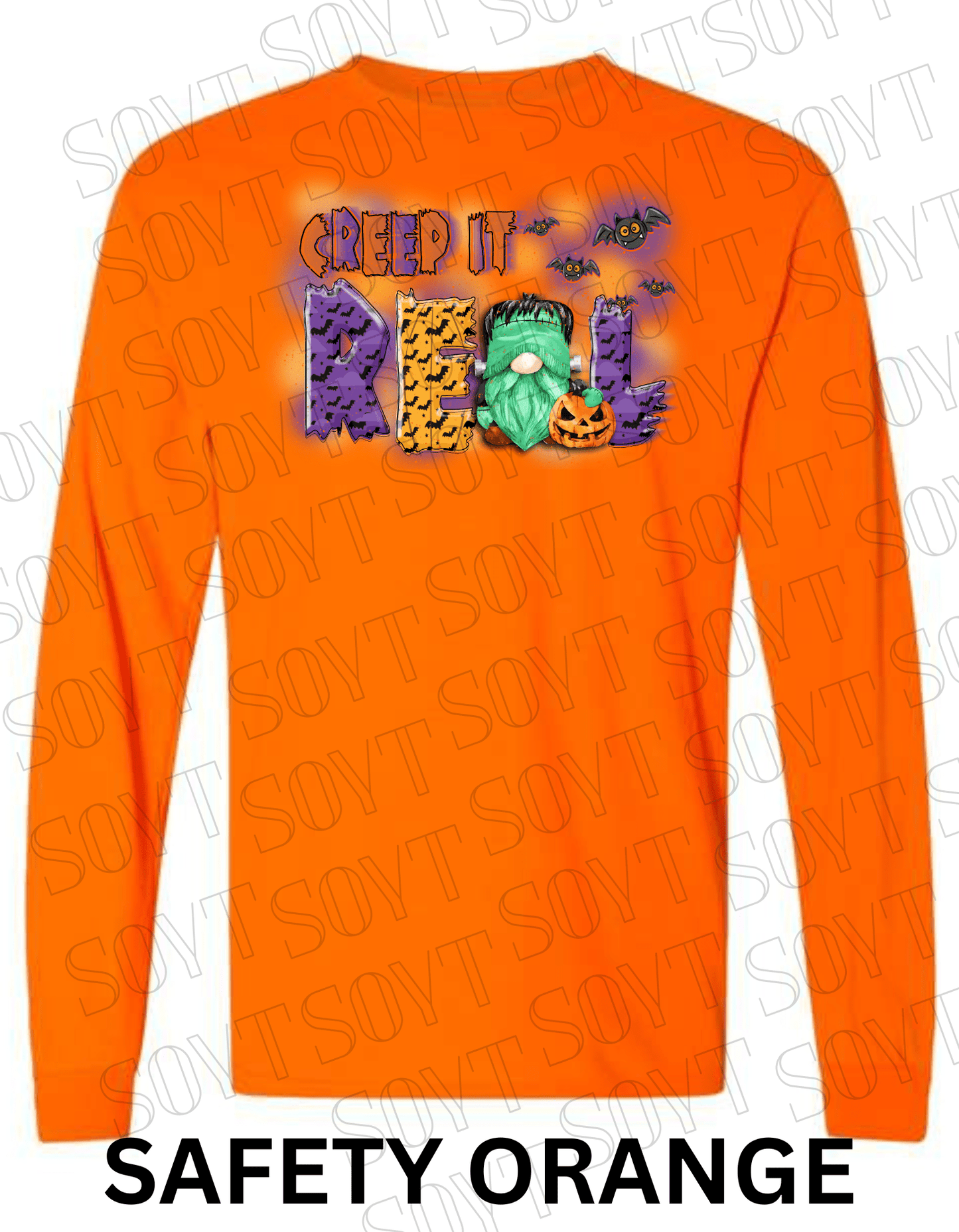 Creep It Real Halloween Long Sleeve – Funny Frankenstein Gnome & Pumpkin Bat Tee - Festive Apparel StoreSafety Orange