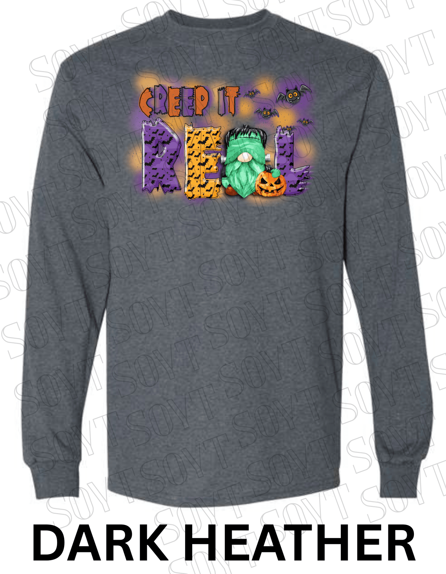 Creep It Real Halloween Long Sleeve – Funny Frankenstein Gnome & Pumpkin Bat Tee - Festive Apparel StoreDark Heather