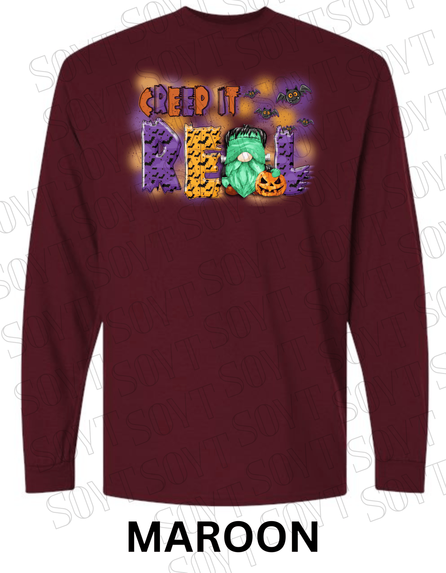Creep It Real Halloween Long Sleeve – Funny Frankenstein Gnome & Pumpkin Bat Tee - Festive Apparel StoreMaroon