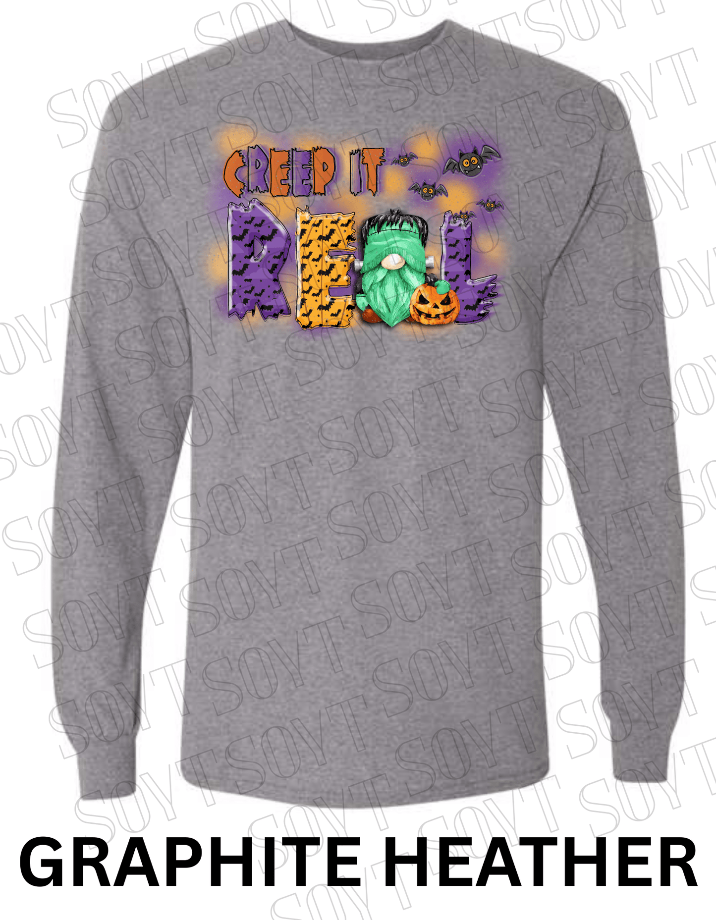 Creep It Real Halloween Long Sleeve – Funny Frankenstein Gnome & Pumpkin Bat Tee - Festive Apparel StoreGraphite Heather