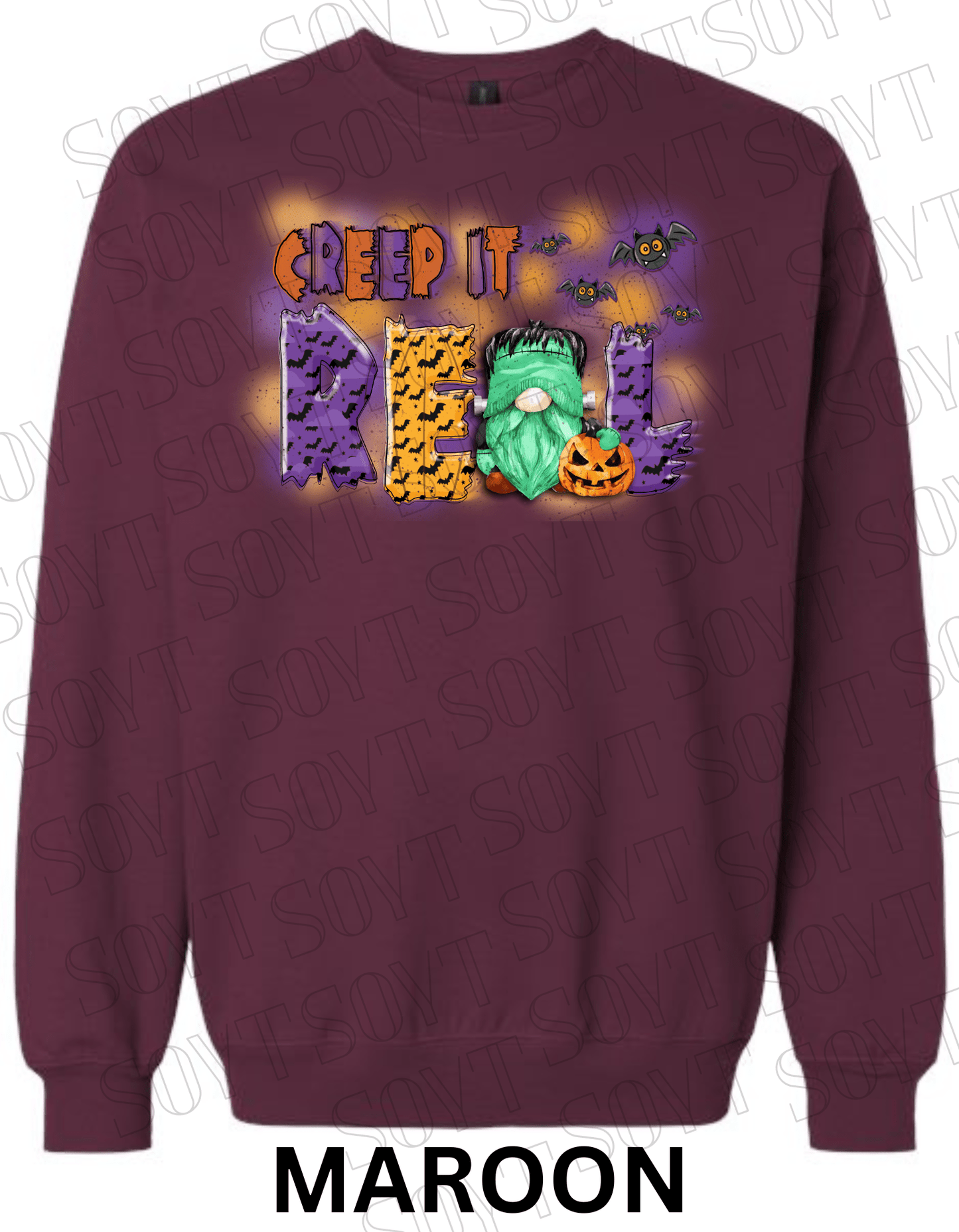 Creep It Real Halloween Sweatshirt – Frankenstein Gnome & Pumpkin Fleece Pullover - Festive Apparel StoreMaroon