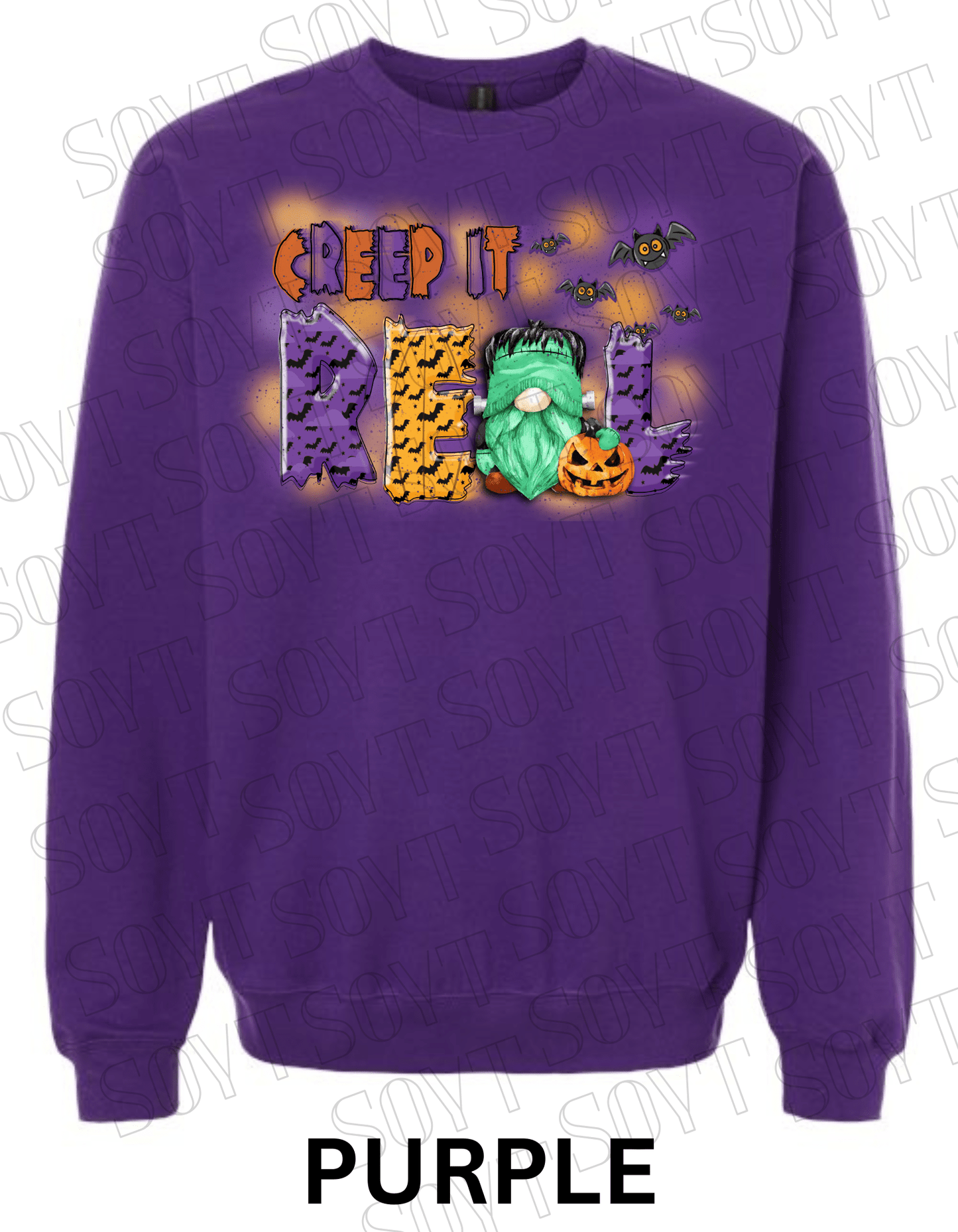 Creep It Real Halloween Sweatshirt – Frankenstein Gnome & Pumpkin Fleece Pullover - Festive Apparel StorePurple